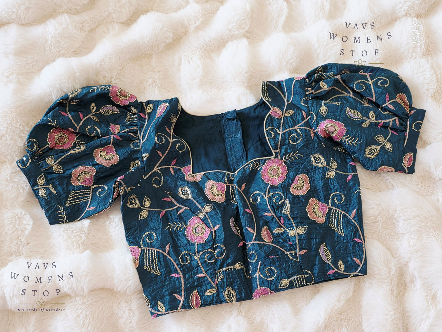Teal Blue Crushed Silk Puff Sleeves Embroidered Blouse