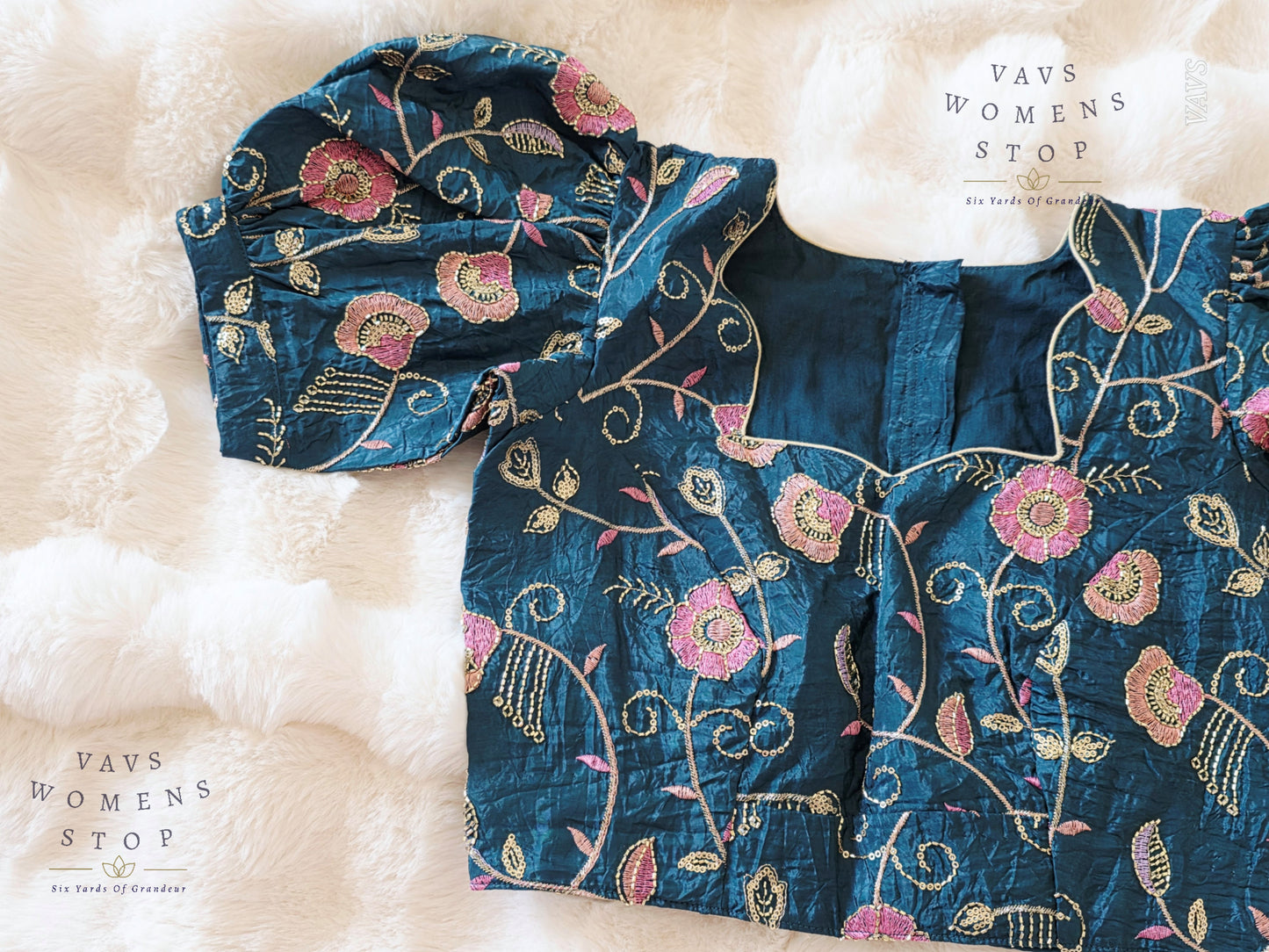 Teal Blue Crushed Silk Puff Sleeves Embroidered Blouse