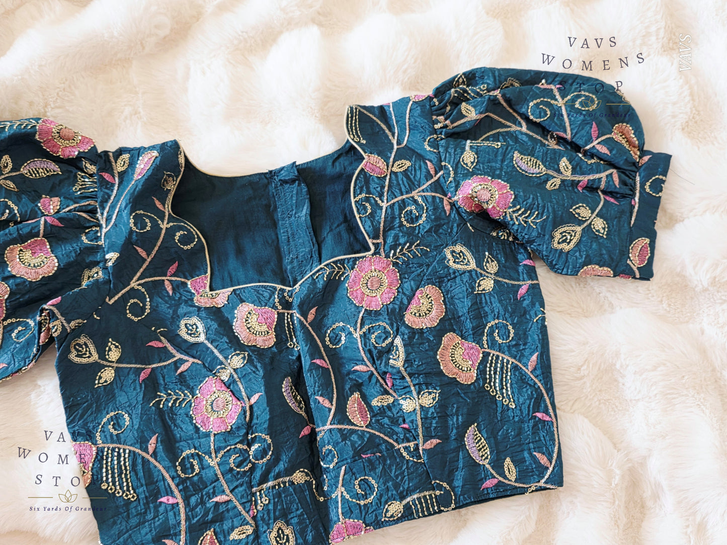 Teal Blue Crushed Silk Puff Sleeves Embroidered Blouse
