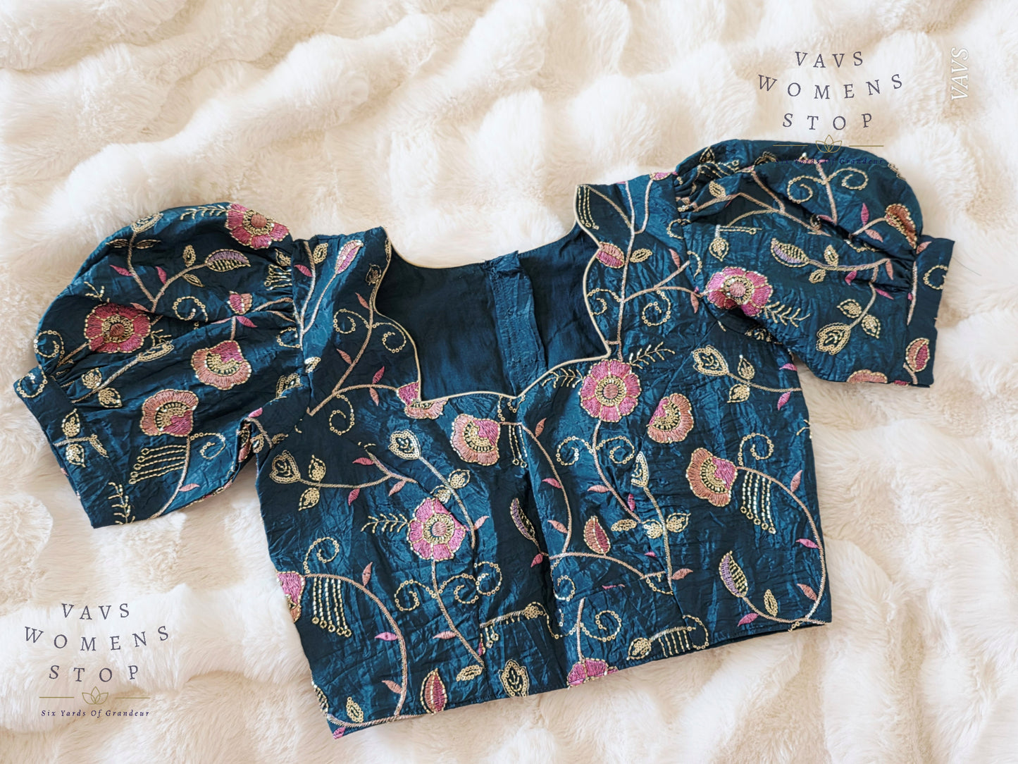 Teal Blue Crushed Silk Puff Sleeves Embroidered Blouse