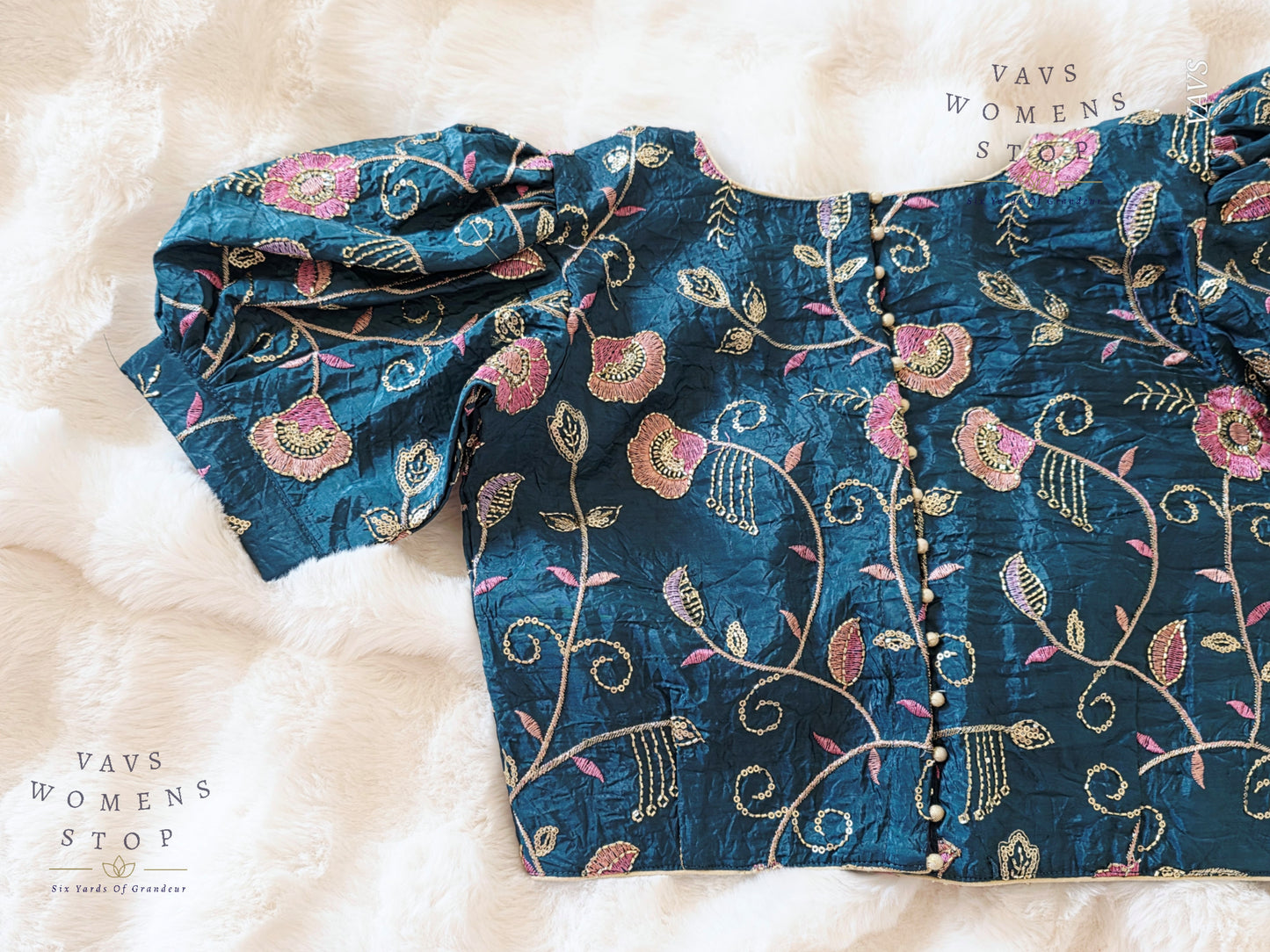 Teal Blue Crushed Silk Puff Sleeves Embroidered Blouse