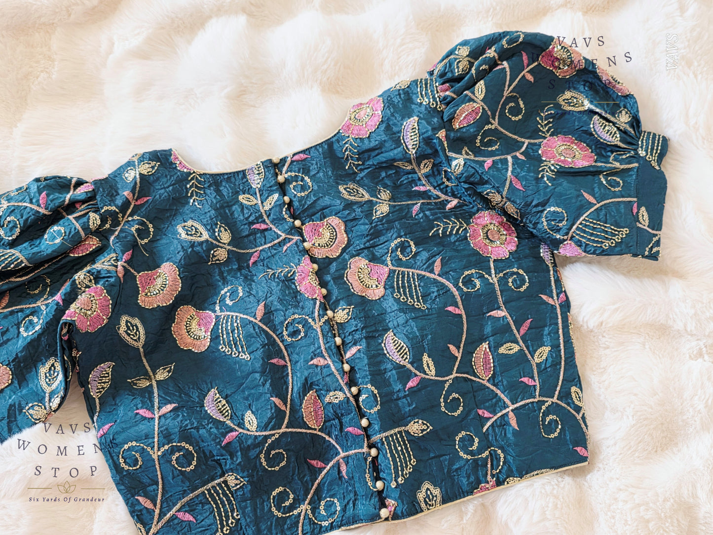 Teal Blue Crushed Silk Puff Sleeves Embroidered Blouse