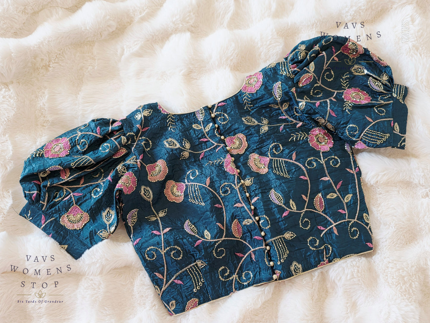 Teal Blue Crushed Silk Puff Sleeves Embroidered Blouse