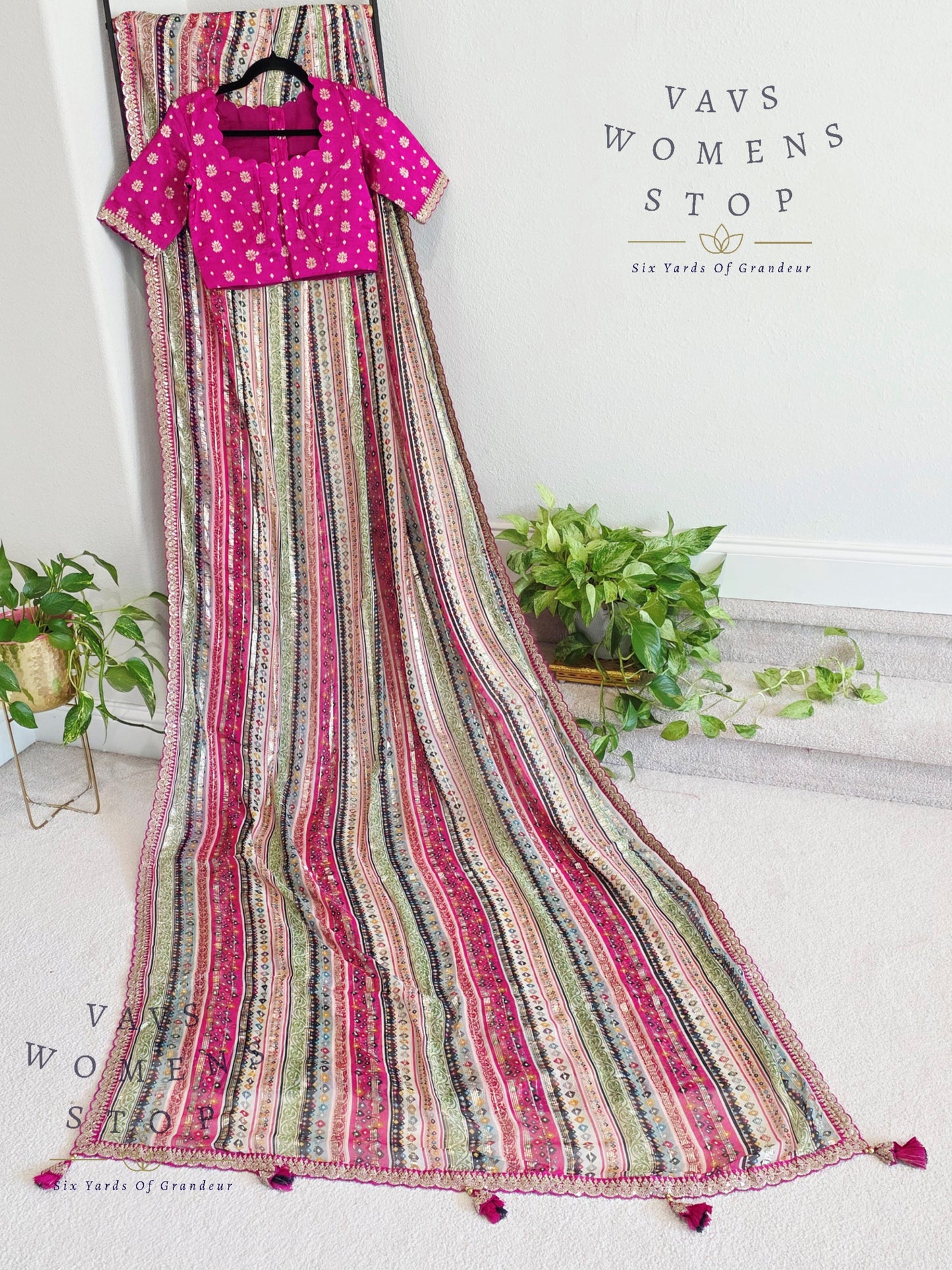 Viscose Georgette Designer Striped Saree with Lace Border with Stitched Blouse