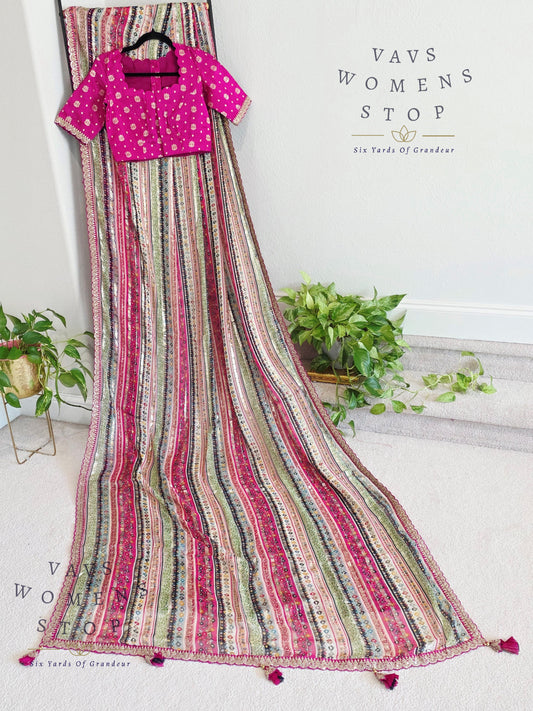 Viscose Georgette Designer Striped Saree with Lace Border with Stitched Blouse