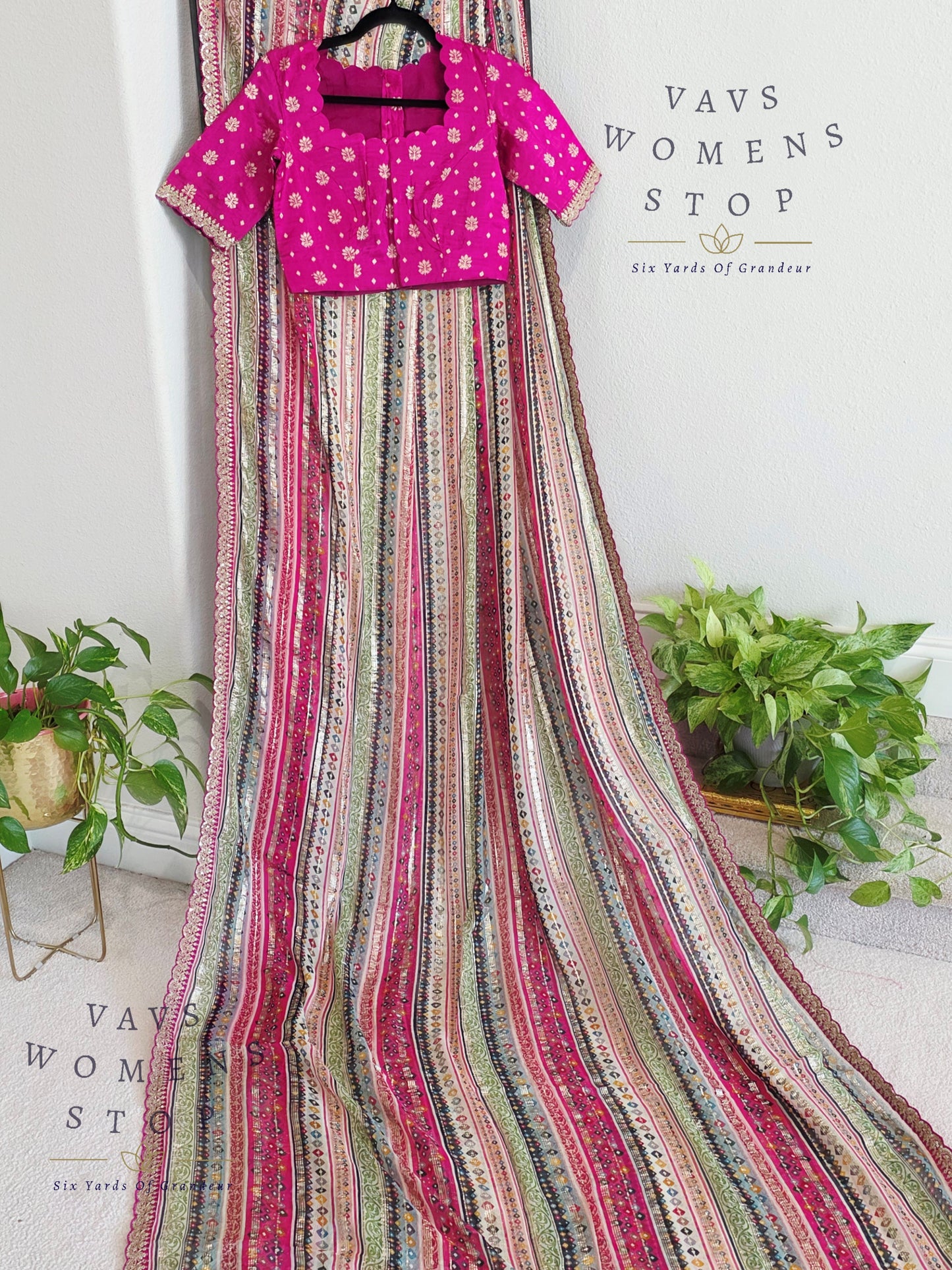 Viscose Georgette Designer Striped Saree with Lace Border with Stitched Blouse