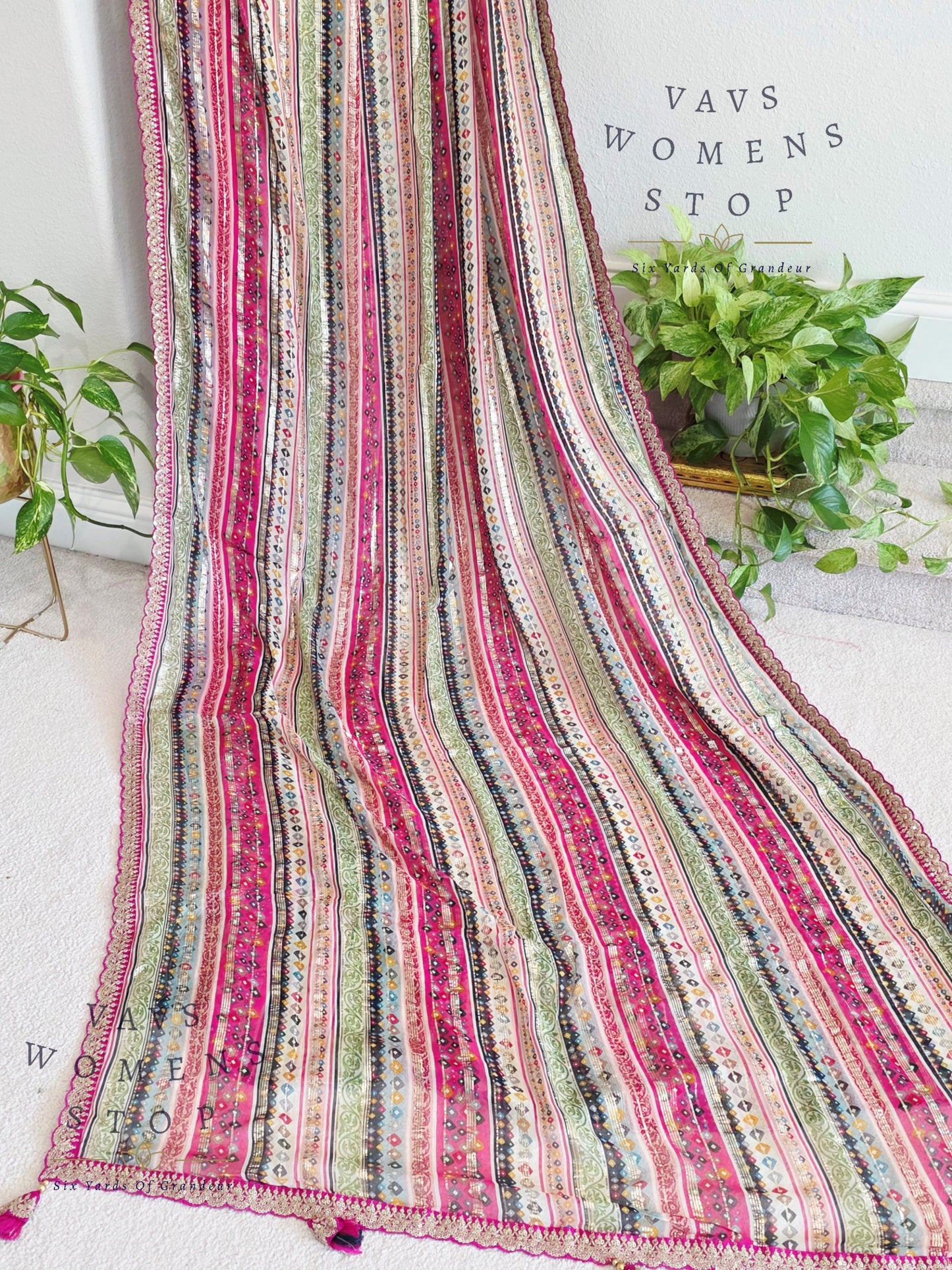 Viscose Georgette Designer Striped Saree with Lace Border with Stitched Blouse