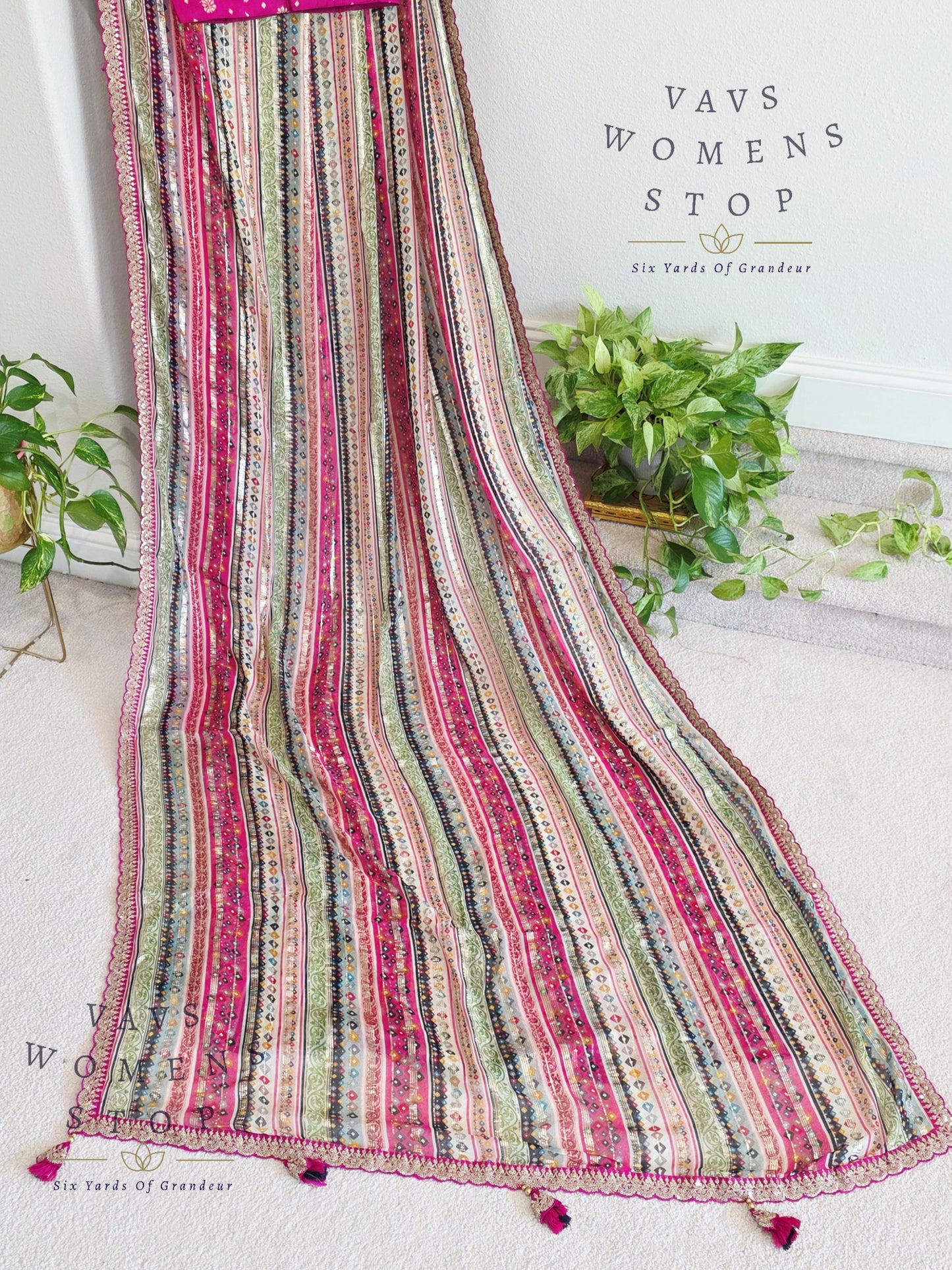 Viscose Georgette Designer Striped Saree with Lace Border with Stitched Blouse
