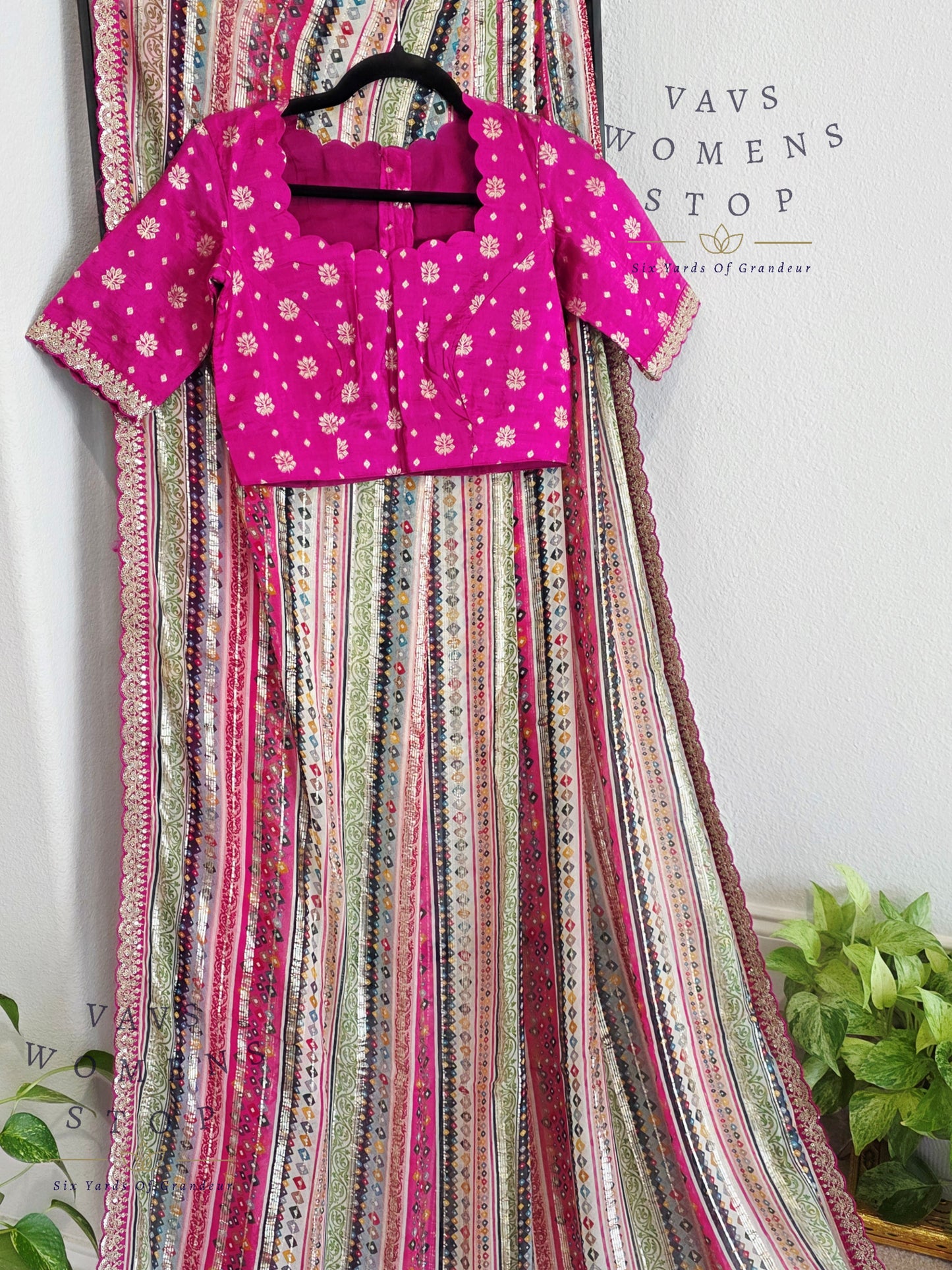 Viscose Georgette Designer Striped Saree with Lace Border with Stitched Blouse