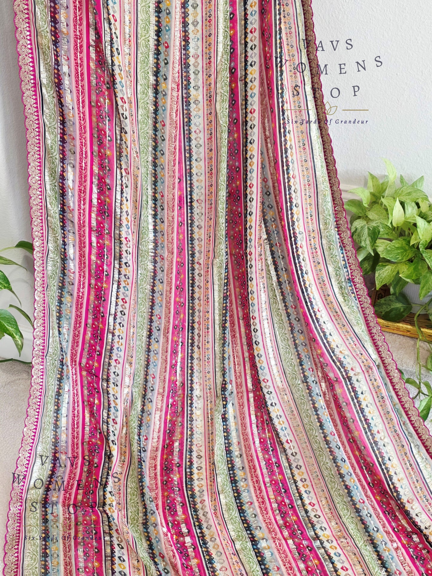 Viscose Georgette Designer Striped Saree with Lace Border with Stitched Blouse
