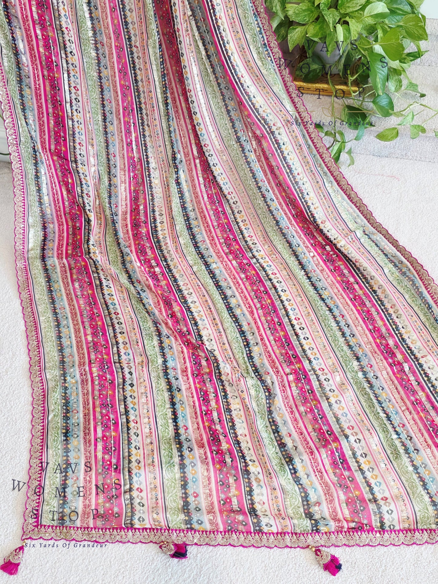 Viscose Georgette Designer Striped Saree with Lace Border with Stitched Blouse