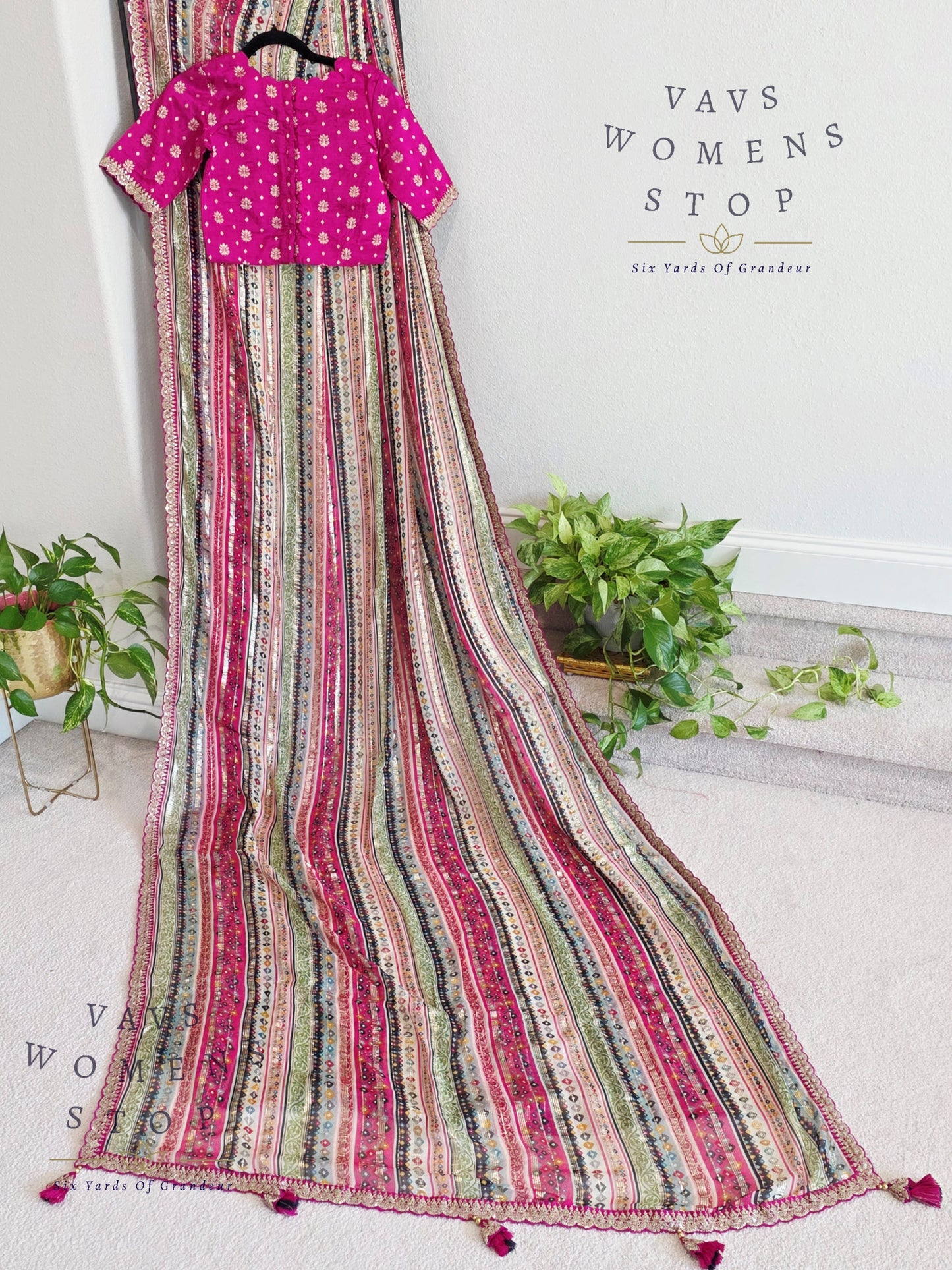 Viscose Georgette Designer Striped Saree with Lace Border with Stitched Blouse