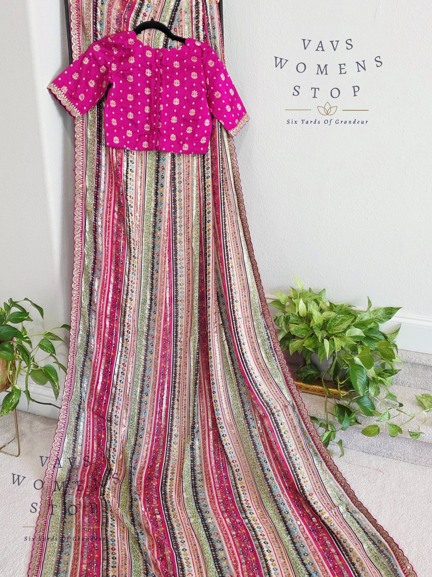 Viscose Georgette Designer Striped Saree with Lace Border with Stitched Blouse