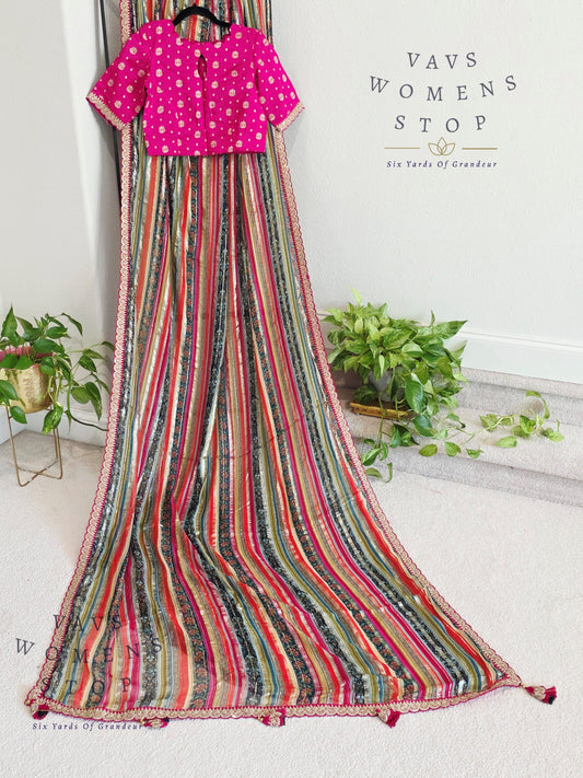 Viscose Georgette Designer Striped Saree with Lace Border with Stitched Blouse