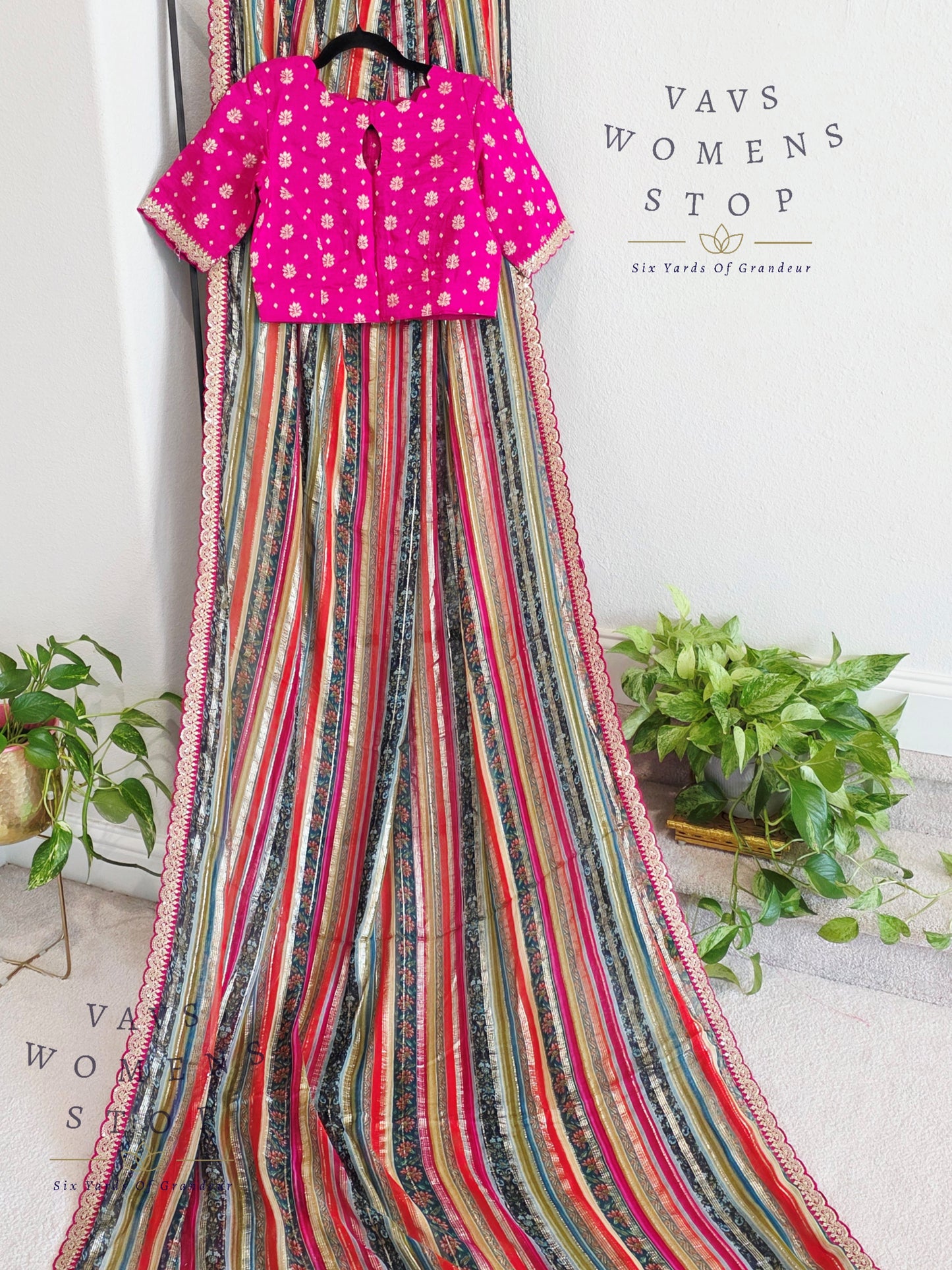 Viscose Georgette Designer Striped Saree with Lace Border with Stitched Blouse