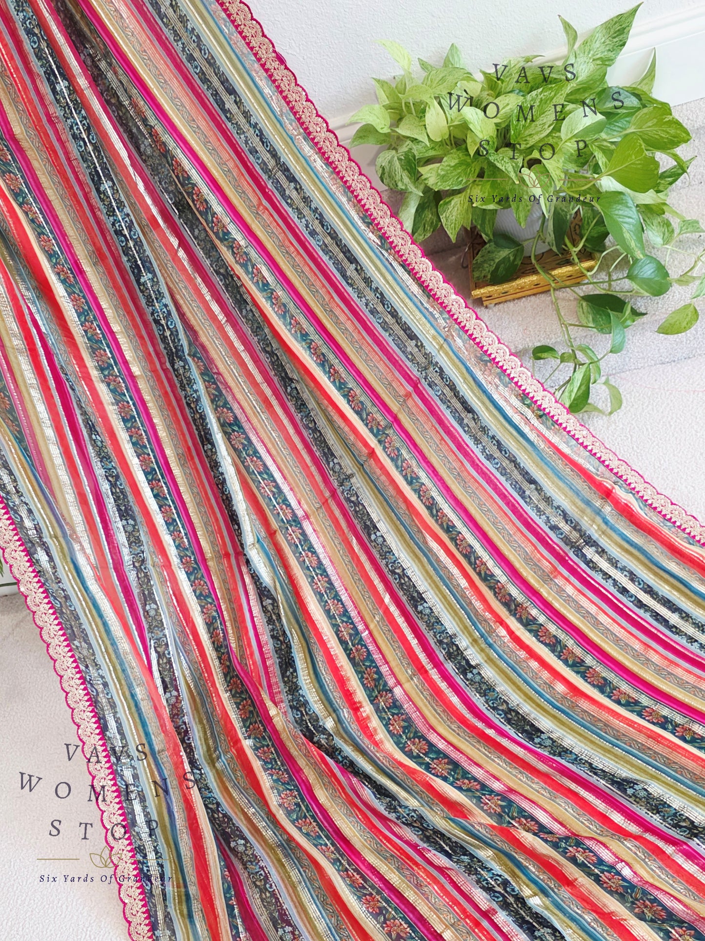 Viscose Georgette Designer Striped Saree with Lace Border with Stitched Blouse