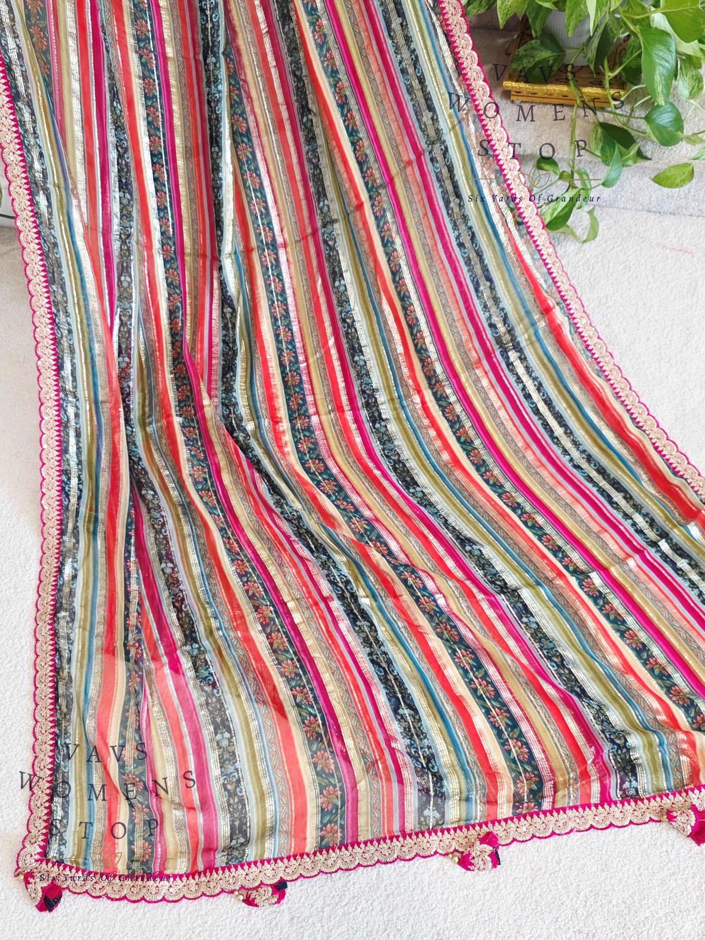 Viscose Georgette Designer Striped Saree with Lace Border with Stitched Blouse