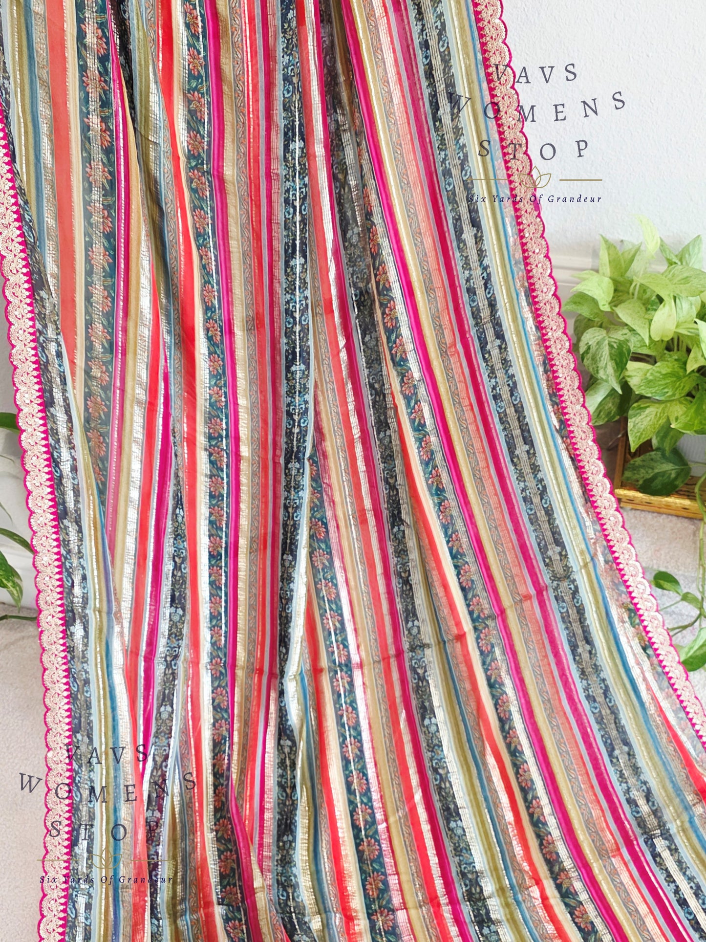 Viscose Georgette Designer Striped Saree with Lace Border with Stitched Blouse