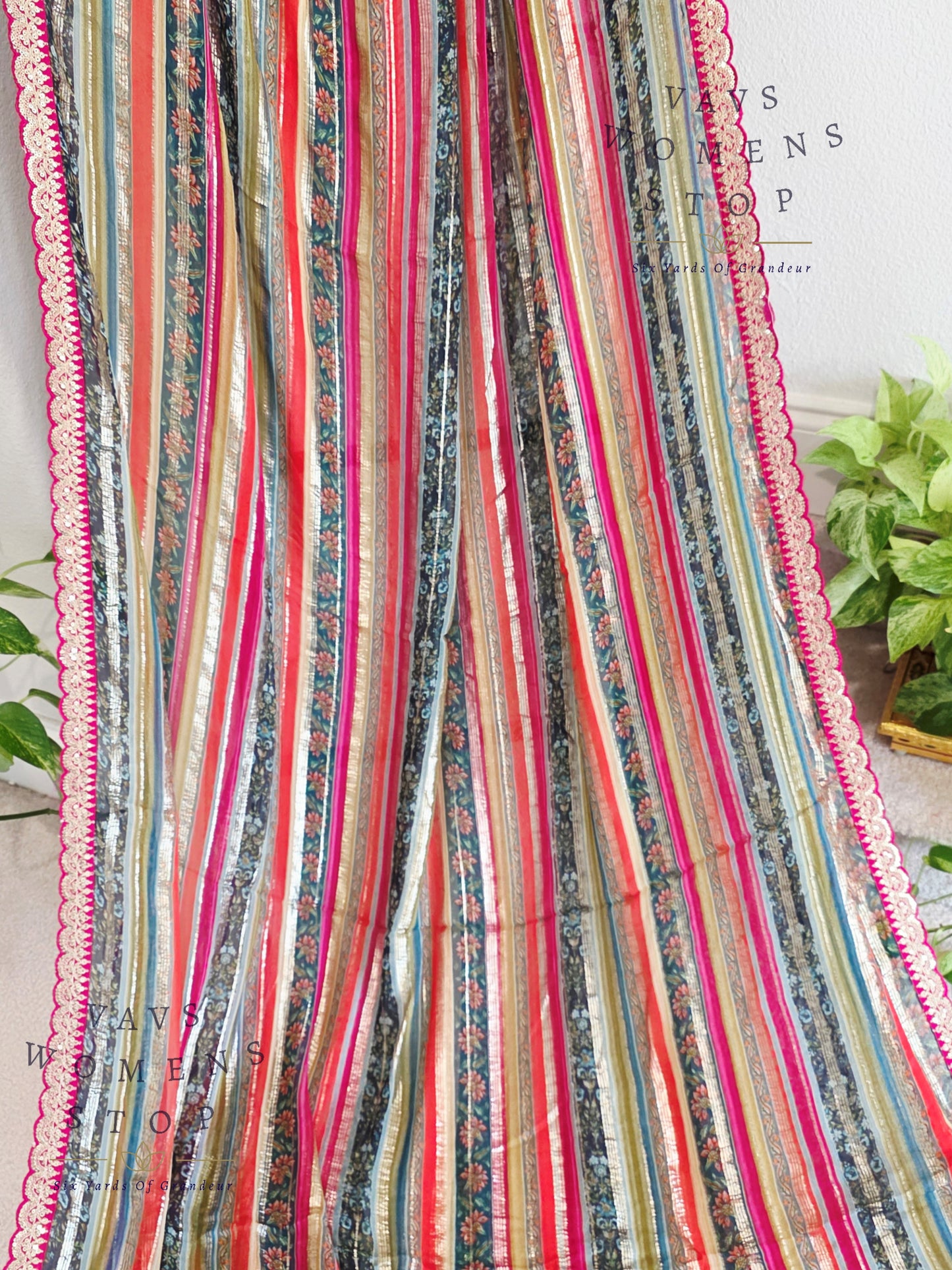 Viscose Georgette Designer Striped Saree with Lace Border with Stitched Blouse