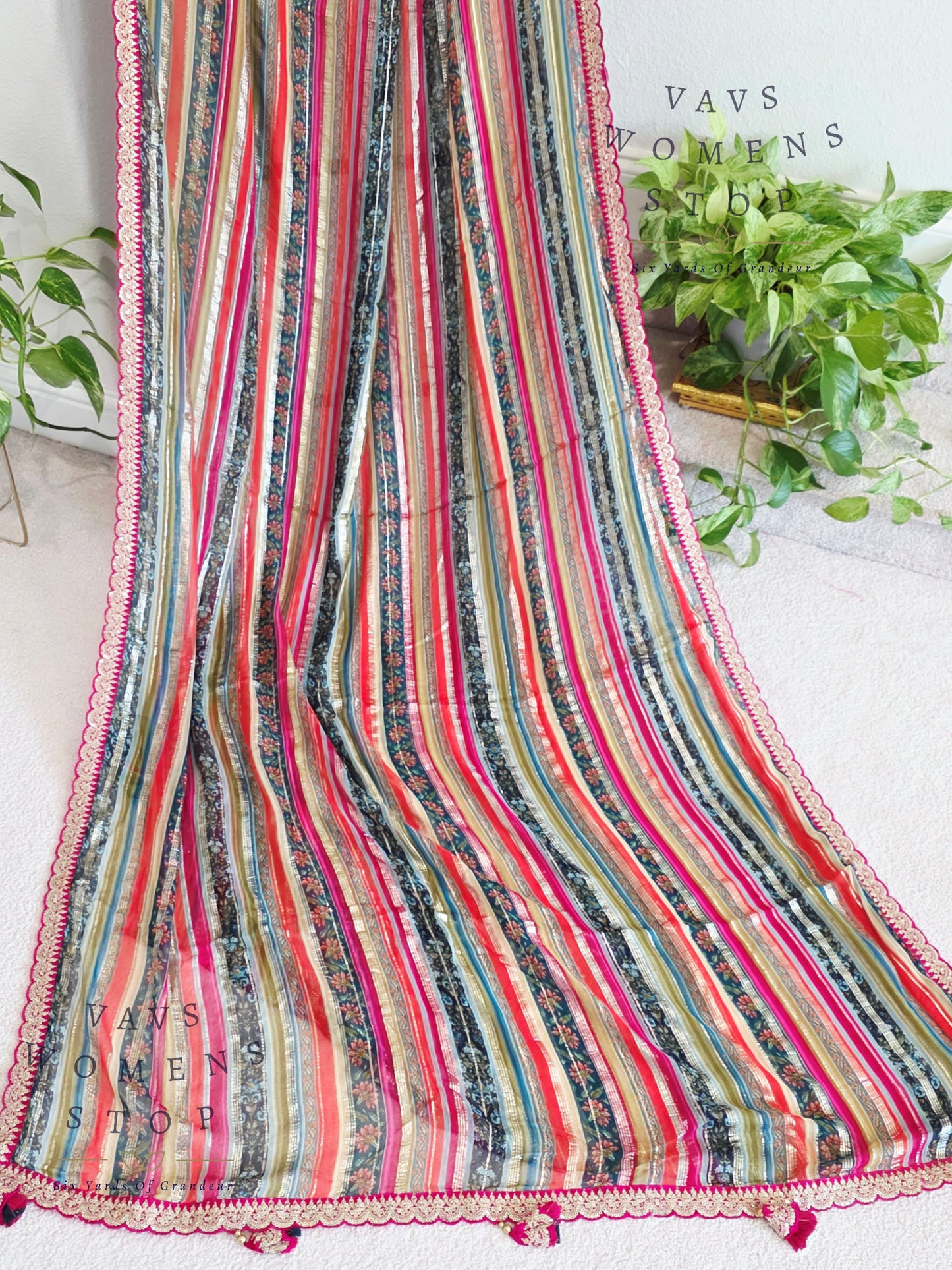 Viscose Georgette Designer Striped Saree with Lace Border with Stitched Blouse