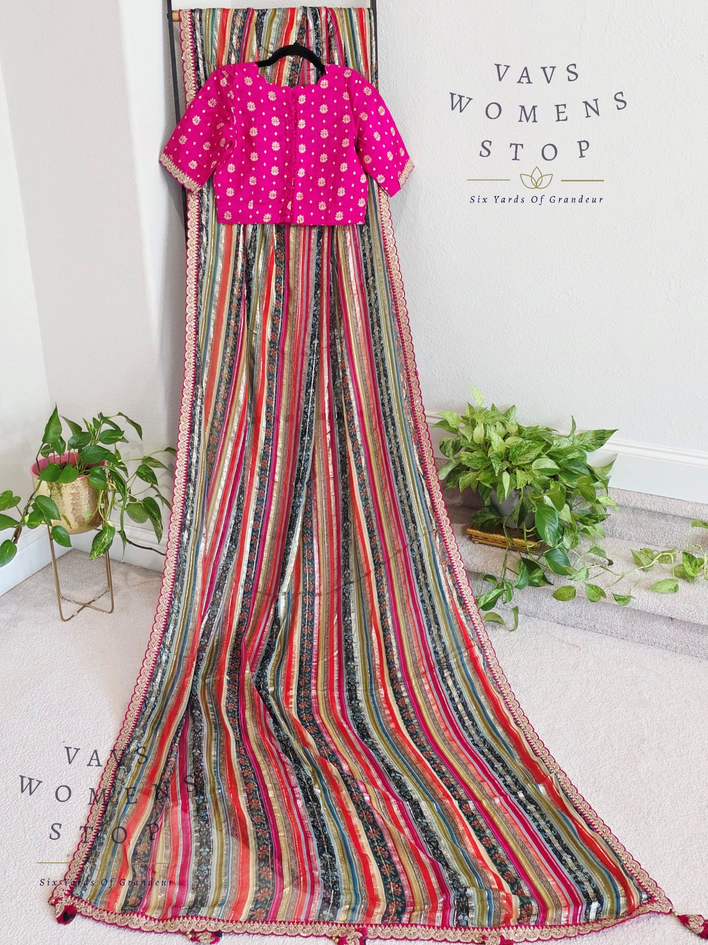 Viscose Georgette Designer Striped Saree with Lace Border with Stitched Blouse