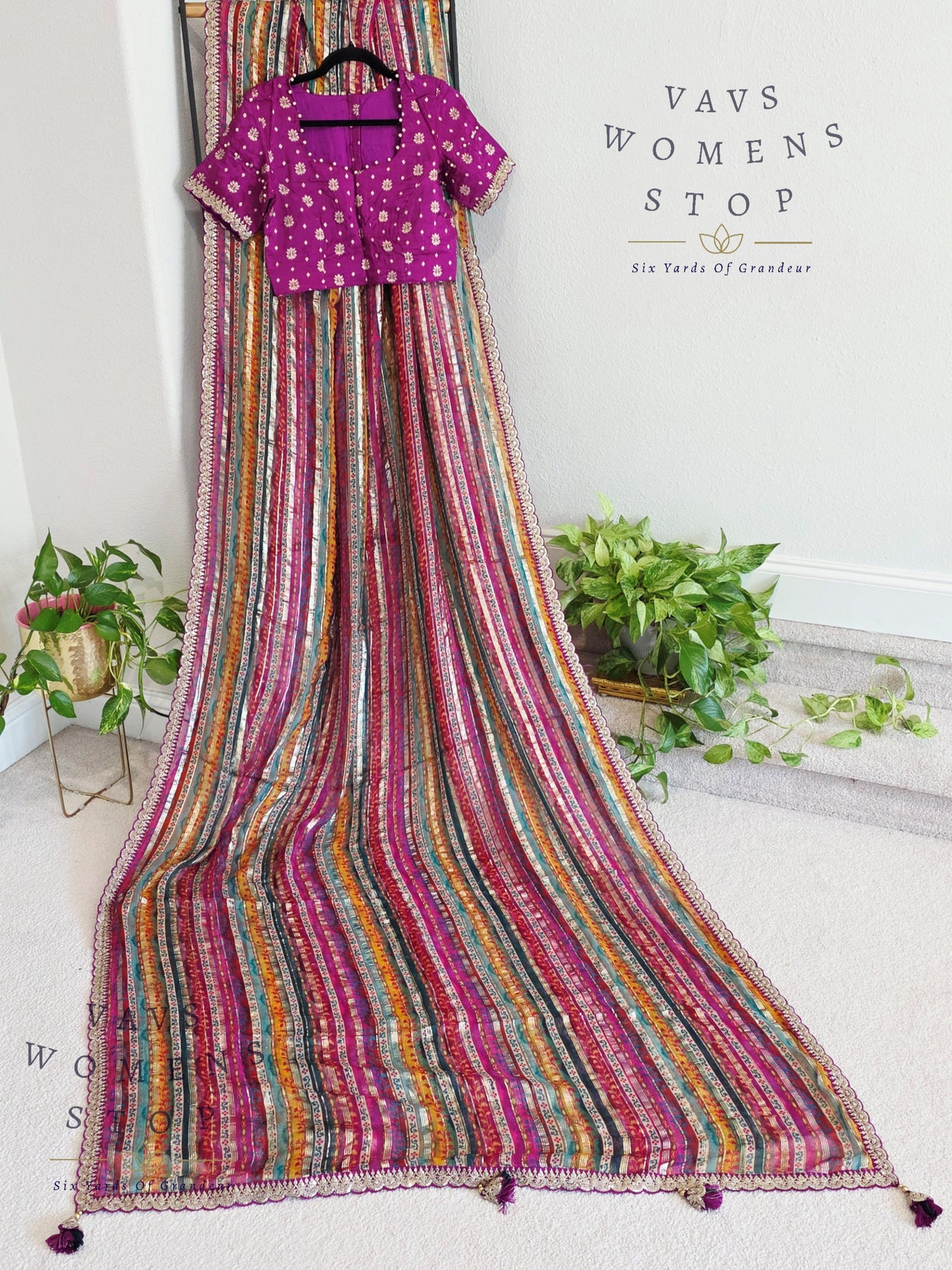 Viscose Georgette Designer Striped Saree with Lace Border with Stitched Blouse