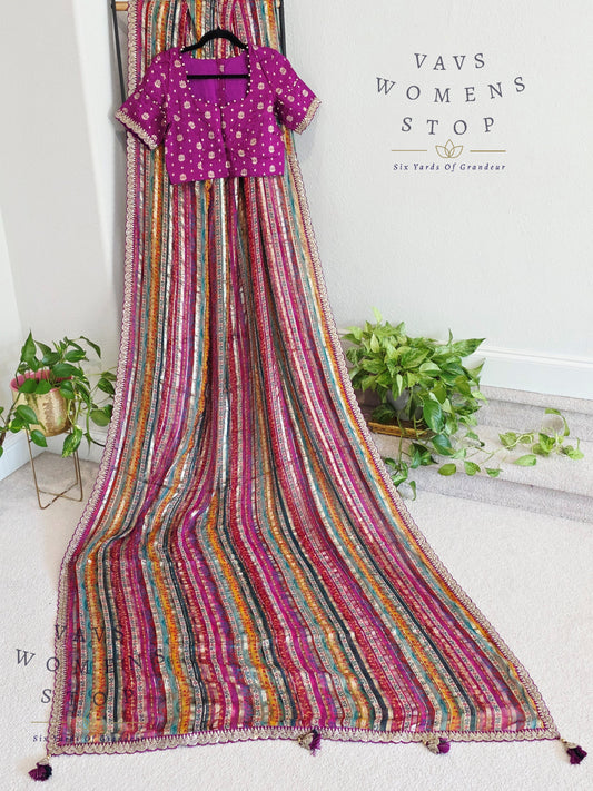 Viscose Georgette Designer Striped Saree with Lace Border with Stitched Blouse