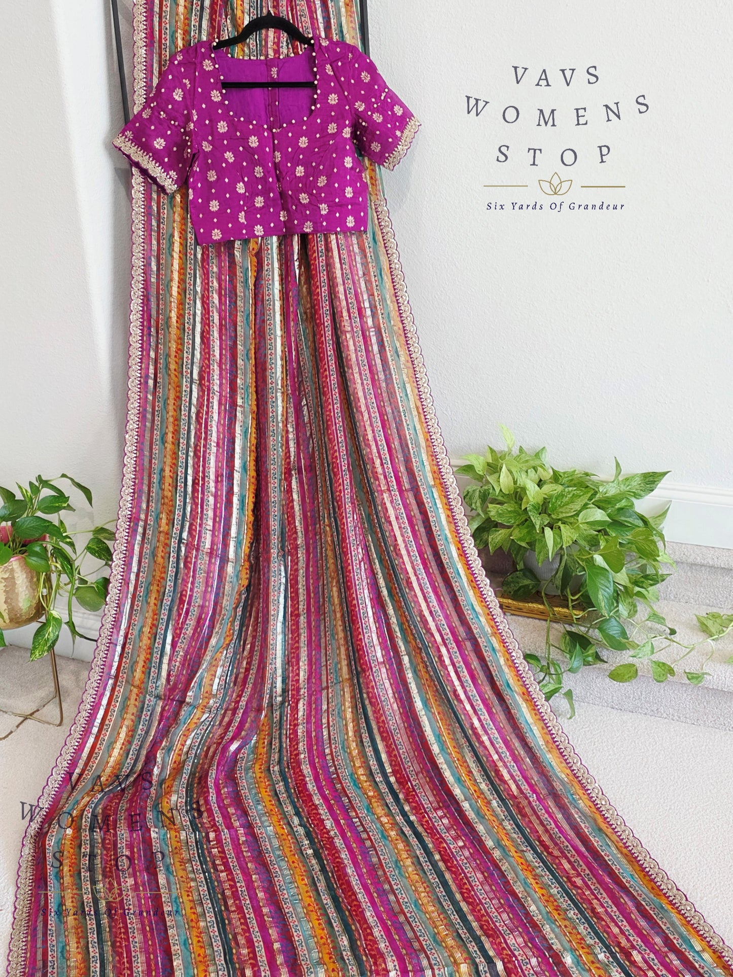 Viscose Georgette Designer Striped Saree with Lace Border with Stitched Blouse
