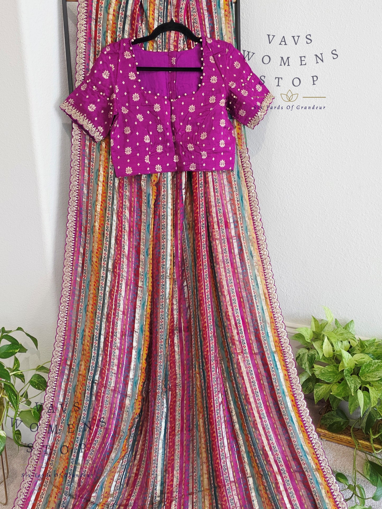 Viscose Georgette Designer Striped Saree with Lace Border with Stitched Blouse