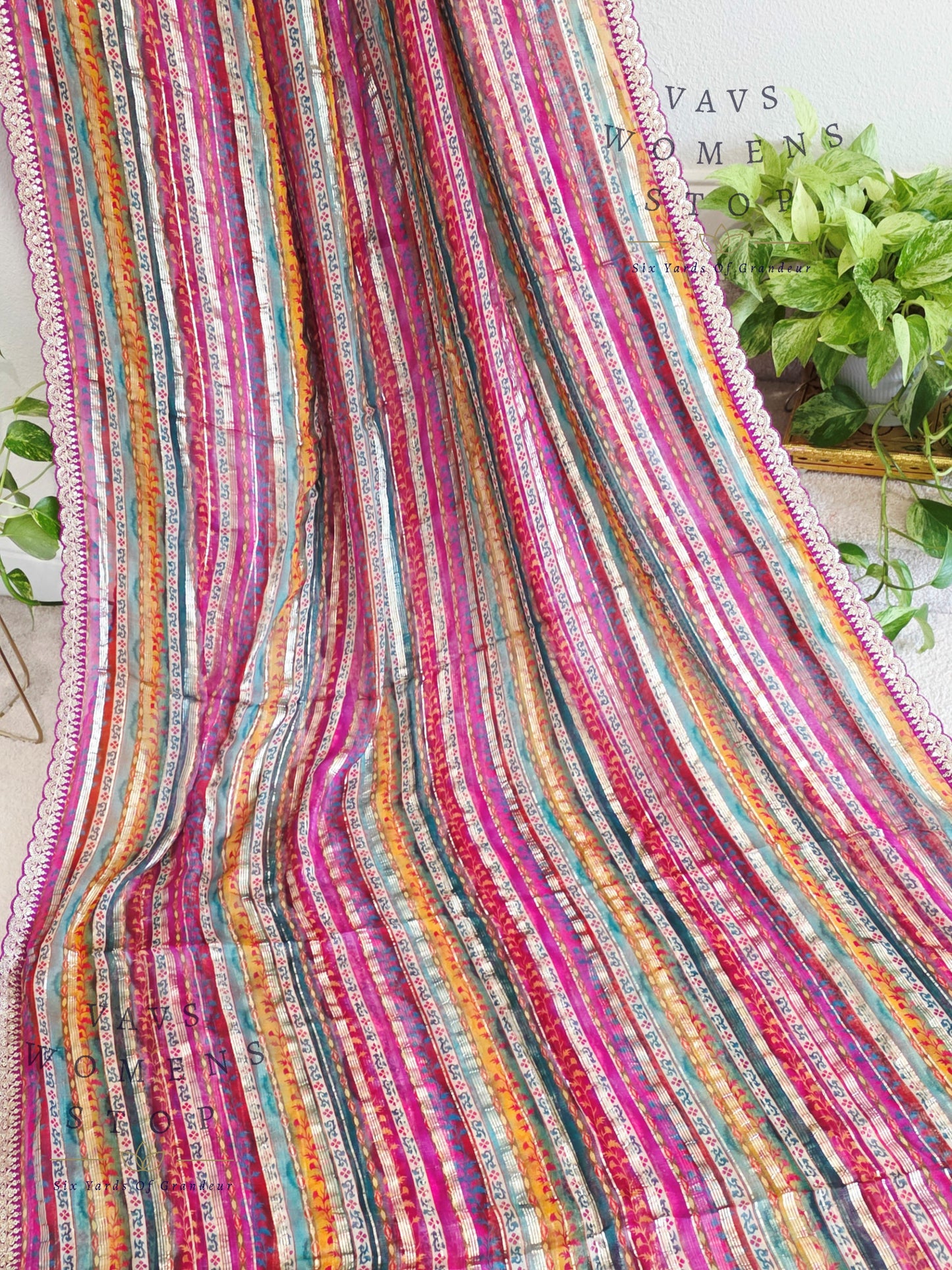 Viscose Georgette Designer Striped Saree with Lace Border with Stitched Blouse