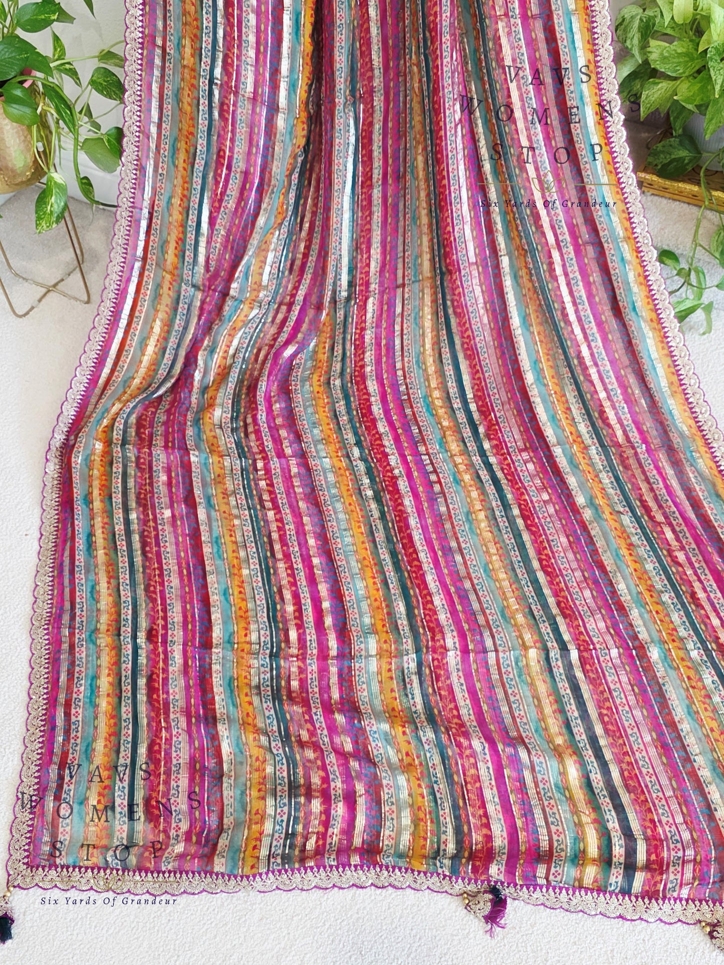 Viscose Georgette Designer Striped Saree with Lace Border with Stitched Blouse