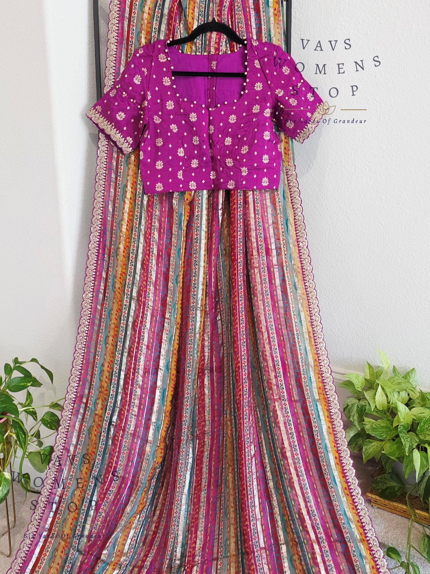 Viscose Georgette Designer Striped Saree with Lace Border with Stitched Blouse