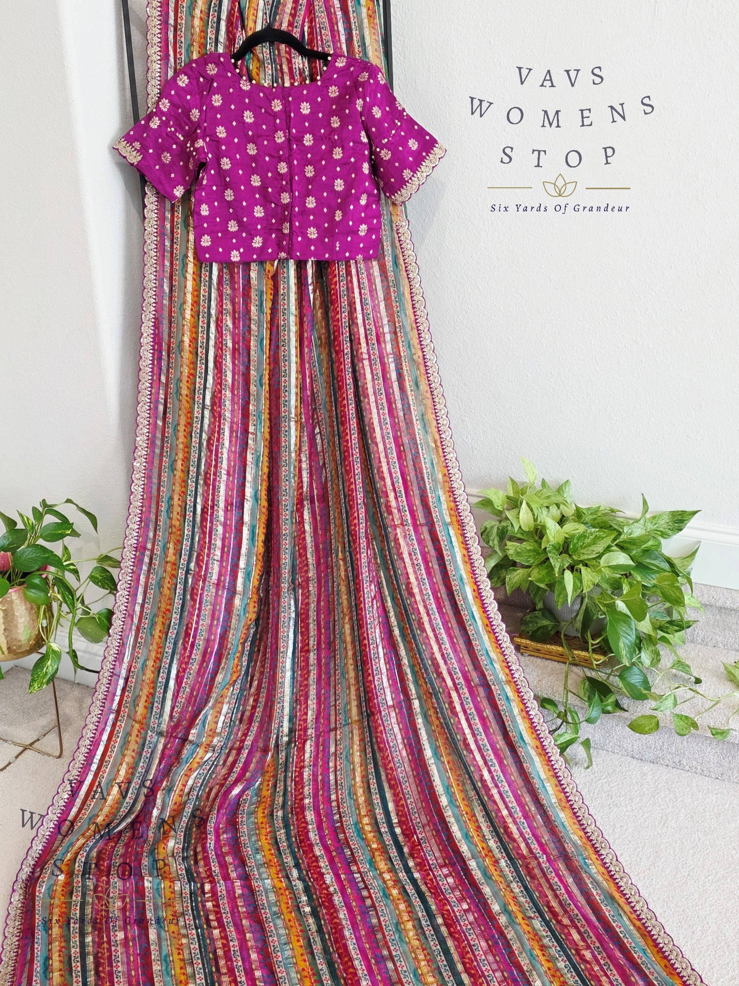 Viscose Georgette Designer Striped Saree with Lace Border with Stitched Blouse