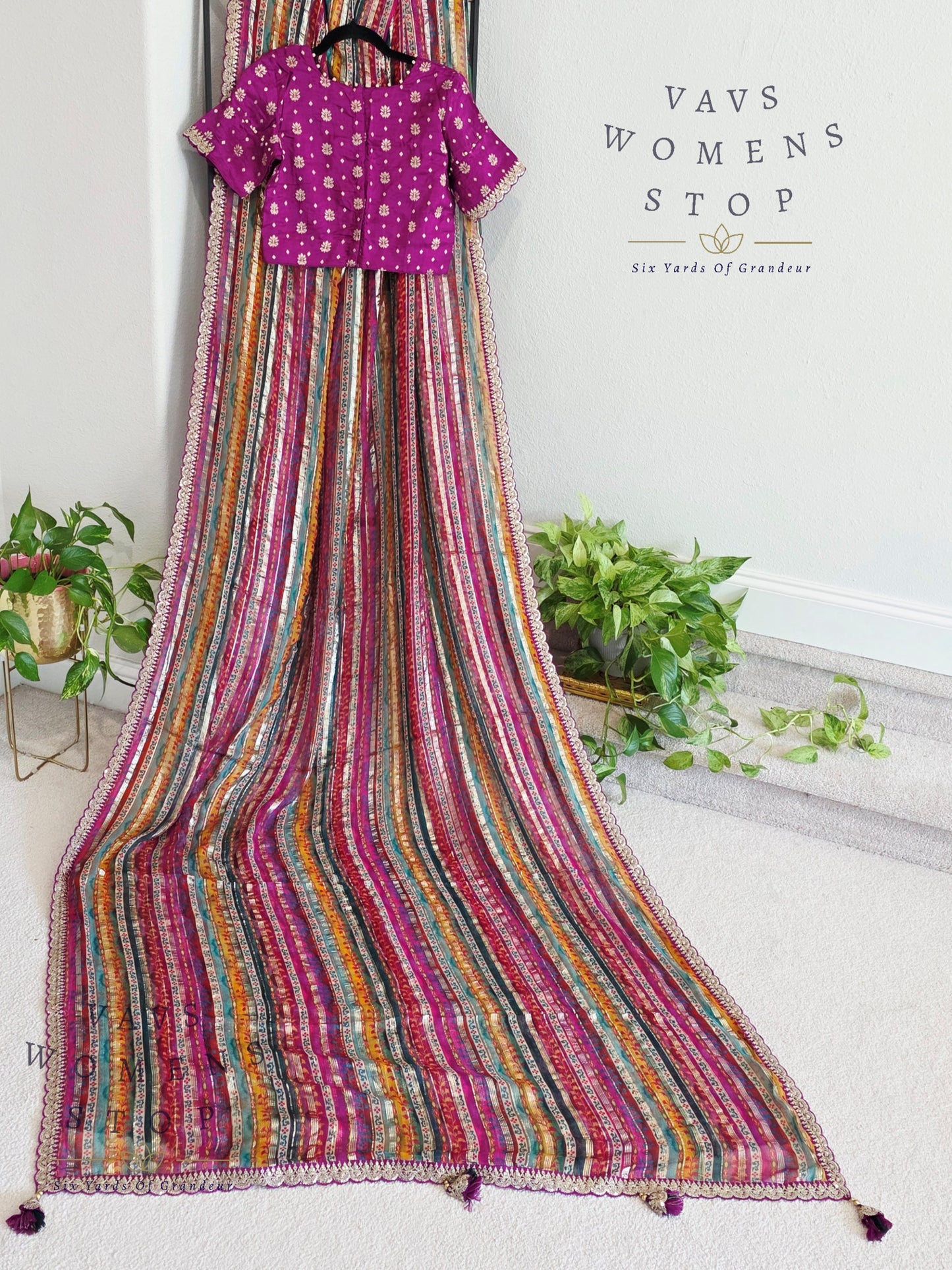 Viscose Georgette Designer Striped Saree with Lace Border with Stitched Blouse