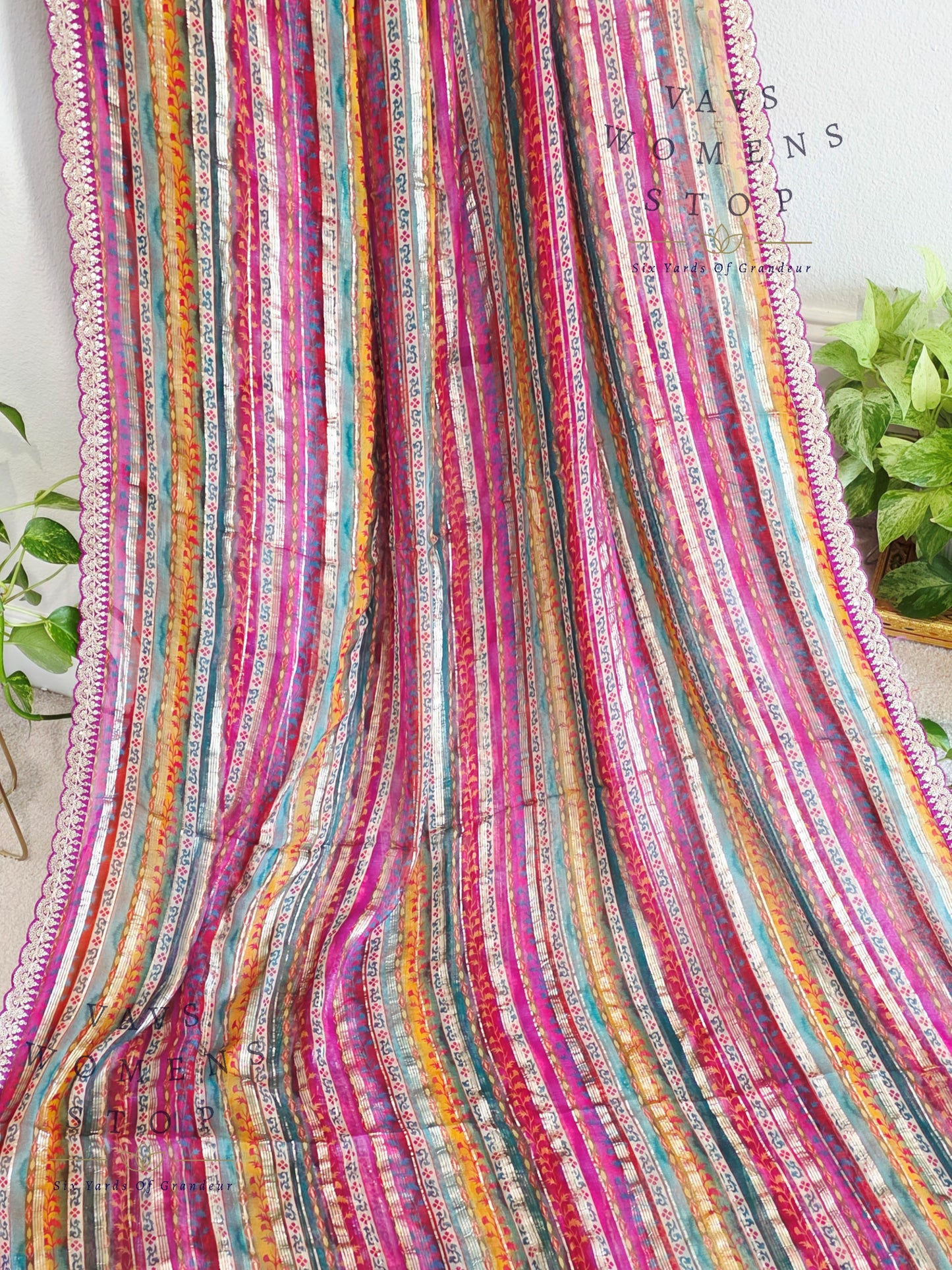 Viscose Georgette Designer Striped Saree with Lace Border with Stitched Blouse
