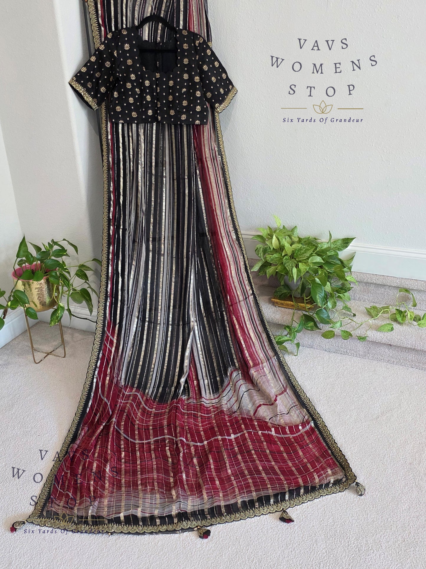 Viscose Georgette Designer Striped Saree with Lace Border with Stitched Blouse