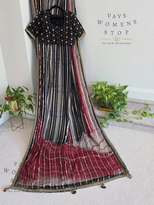 Viscose Georgette Designer Striped Saree with Lace Border with Stitched Blouse