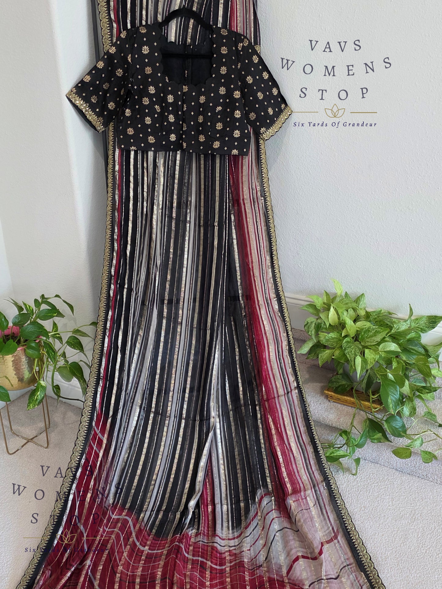 Viscose Georgette Designer Striped Saree with Lace Border with Stitched Blouse