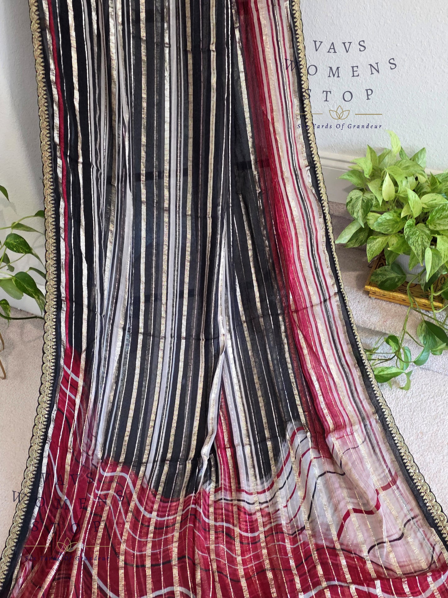 Viscose Georgette Designer Striped Saree with Lace Border with Stitched Blouse