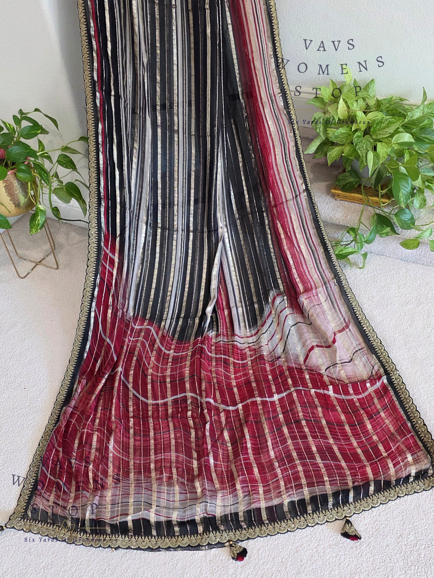 Viscose Georgette Designer Striped Saree with Lace Border with Stitched Blouse