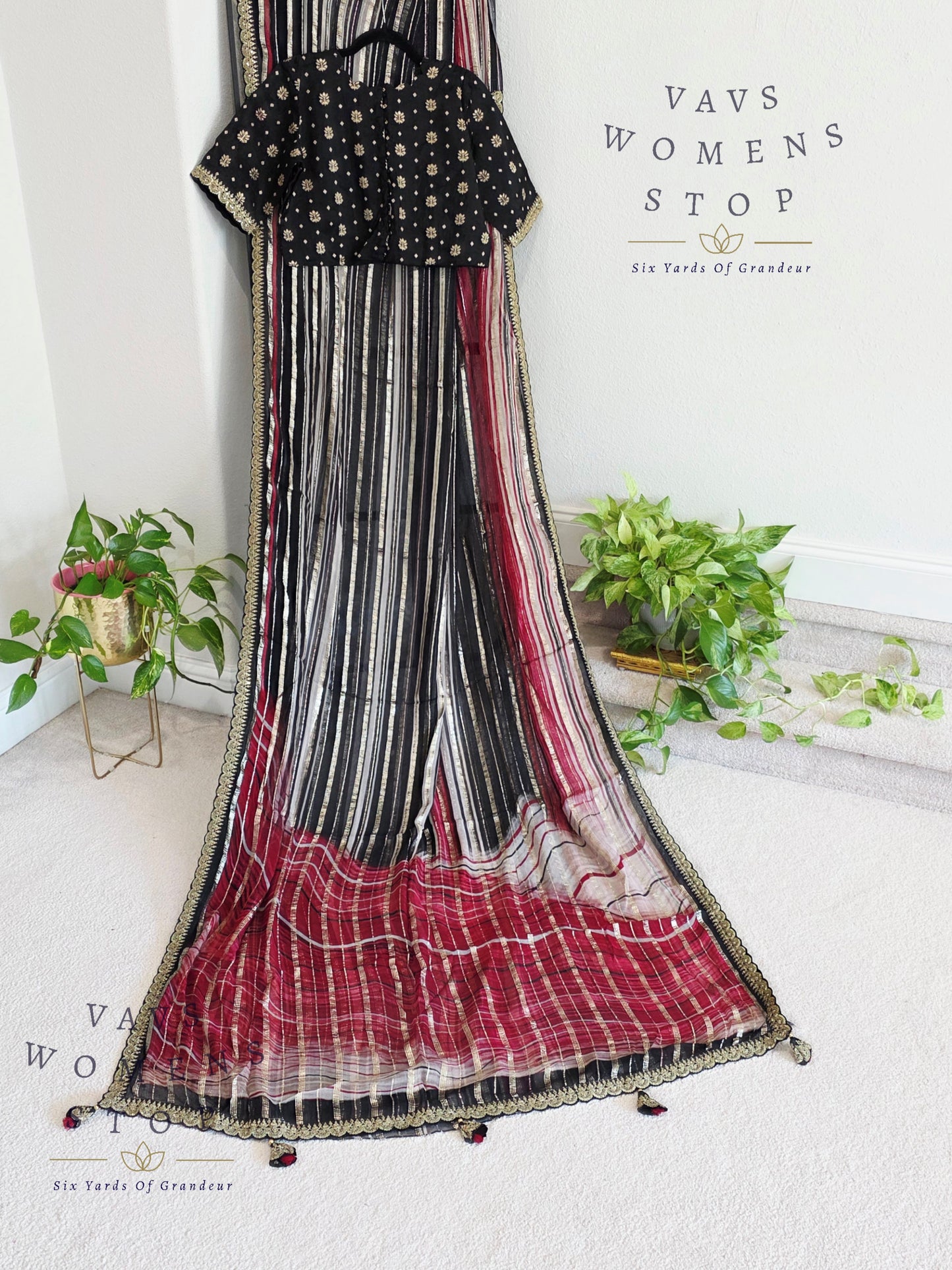 Viscose Georgette Designer Striped Saree with Lace Border with Stitched Blouse