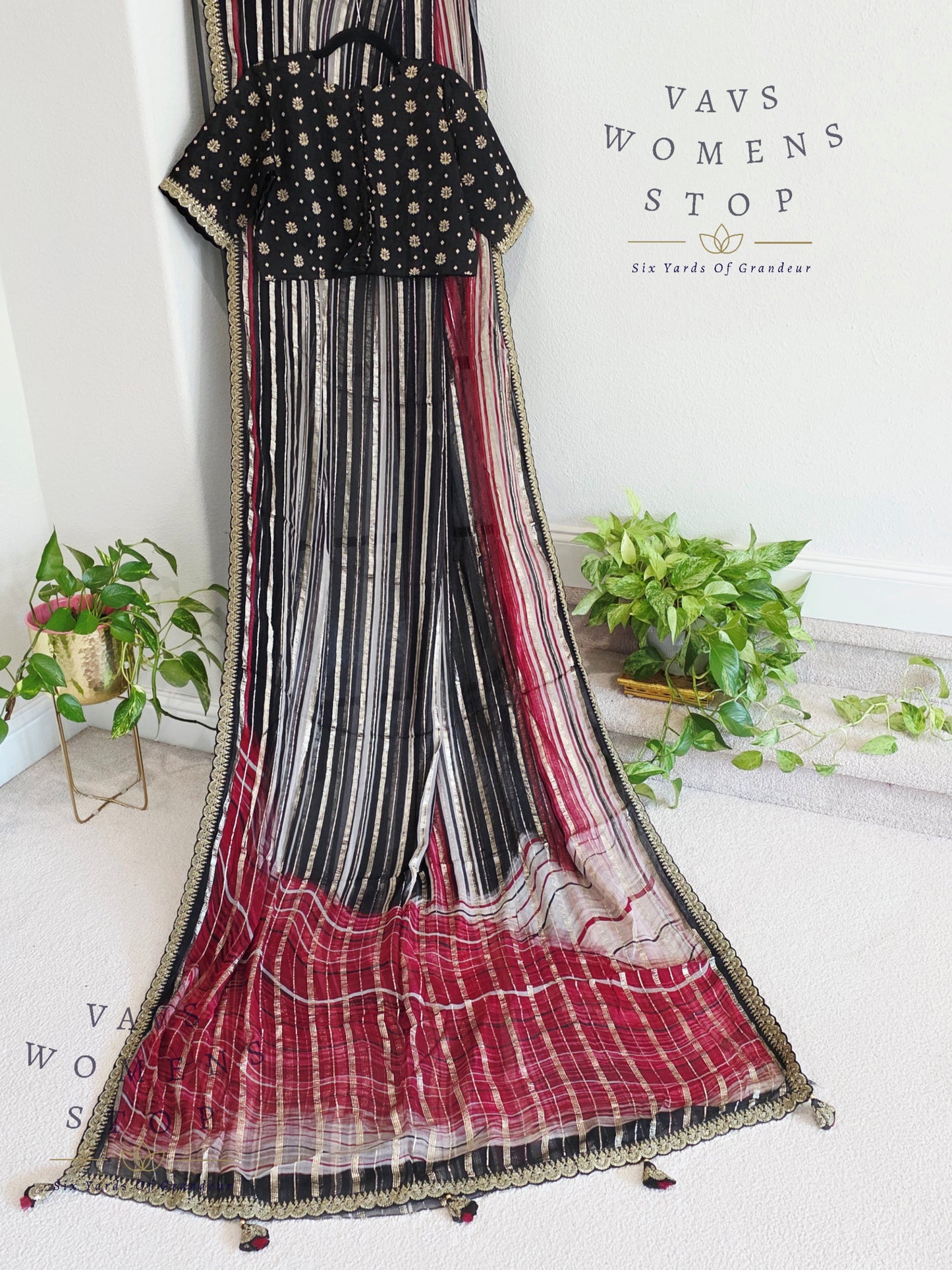 Viscose Georgette Designer Striped Saree with Lace Border with Stitched Blouse