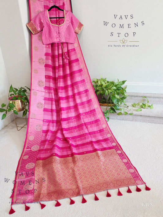 Pink Munga Banarasi Silk Saree with Stripes & Satin Border with Stitched Blouse