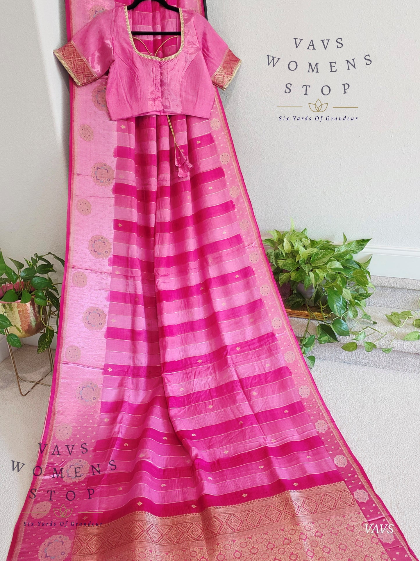 Pink Munga Banarasi Silk Saree with Stripes & Satin Border with Stitched Blouse
