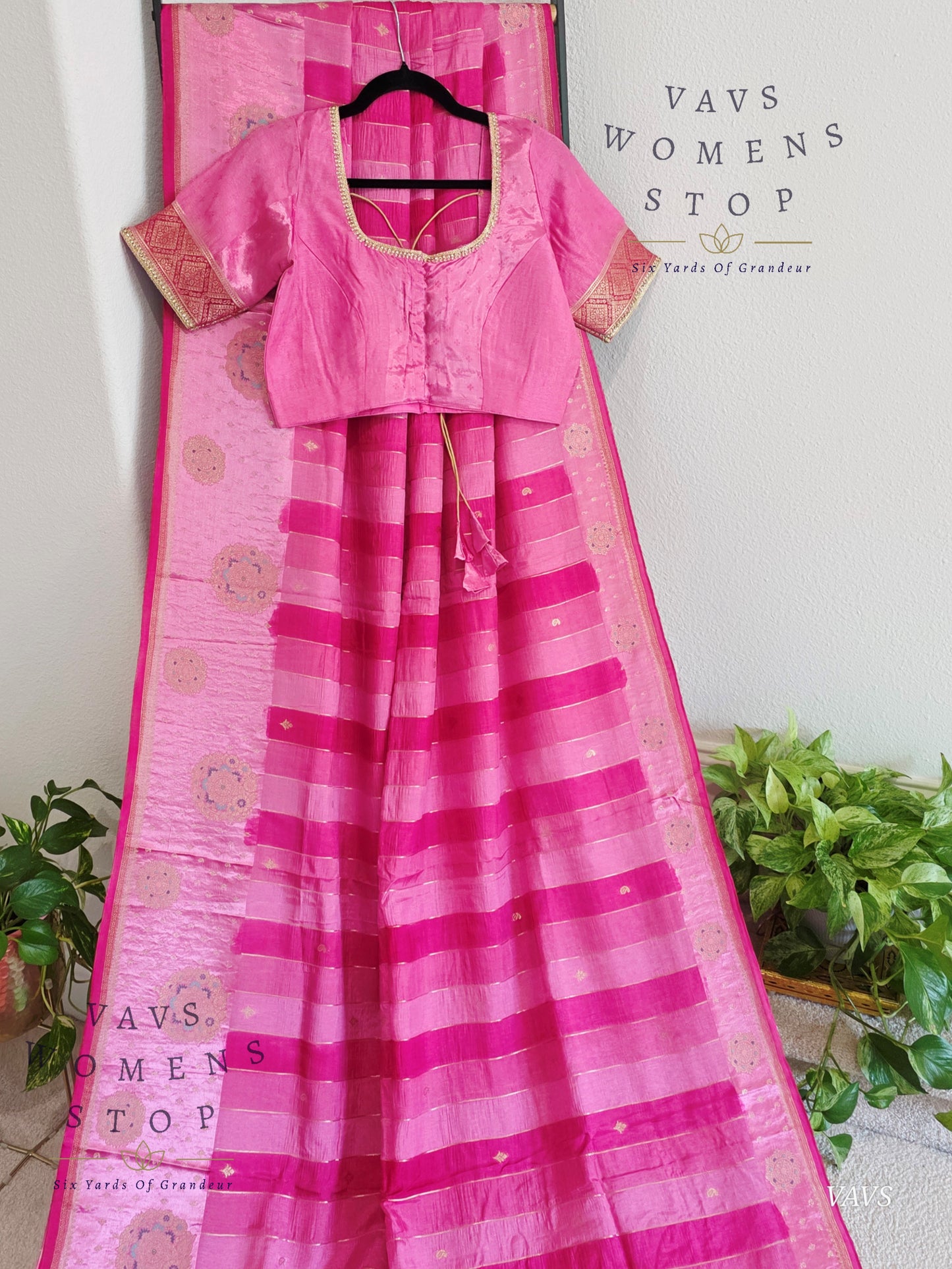 Pink Munga Banarasi Silk Saree with Stripes & Satin Border with Stitched Blouse