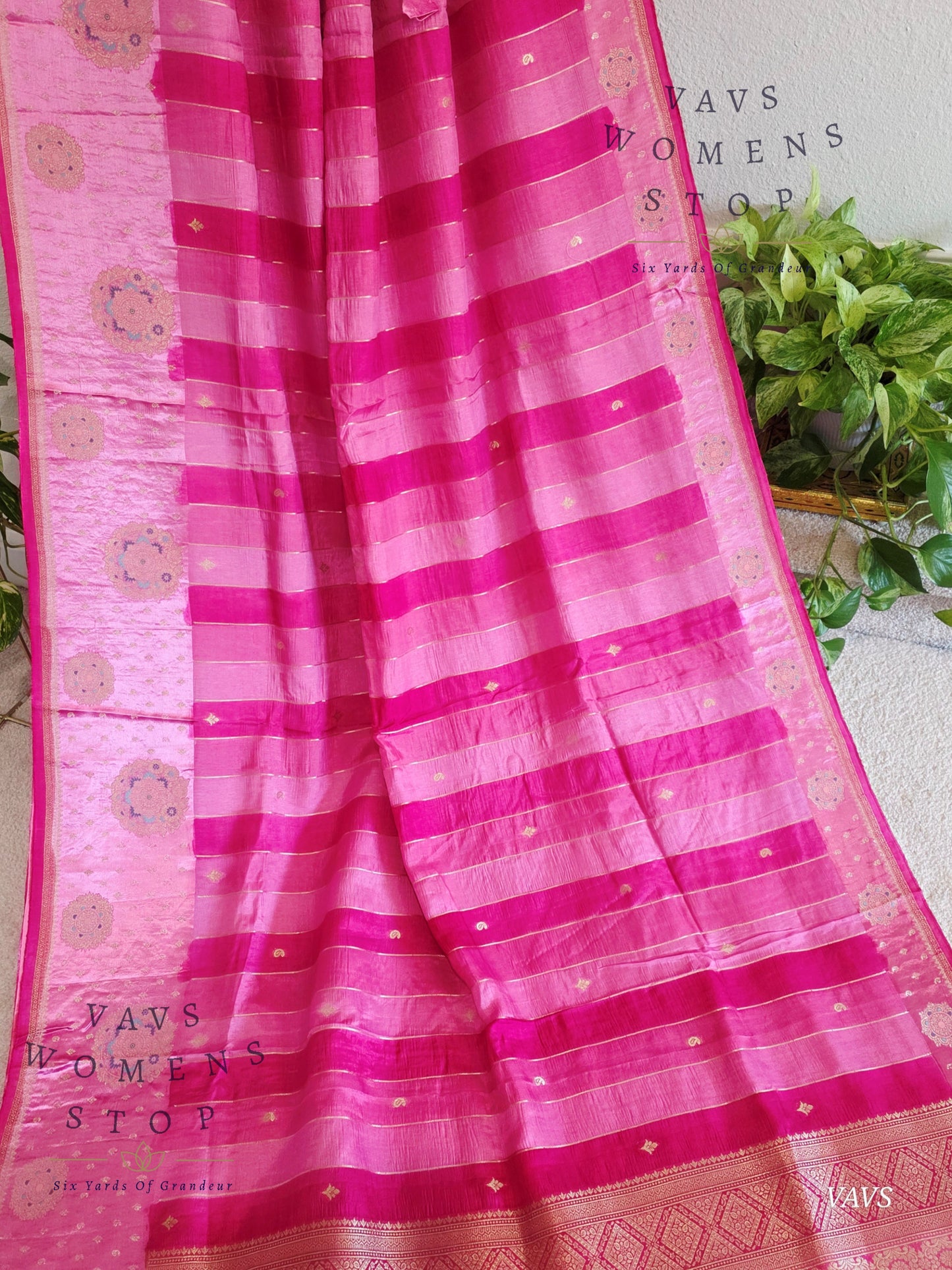 Pink Munga Banarasi Silk Saree with Stripes & Satin Border with Stitched Blouse