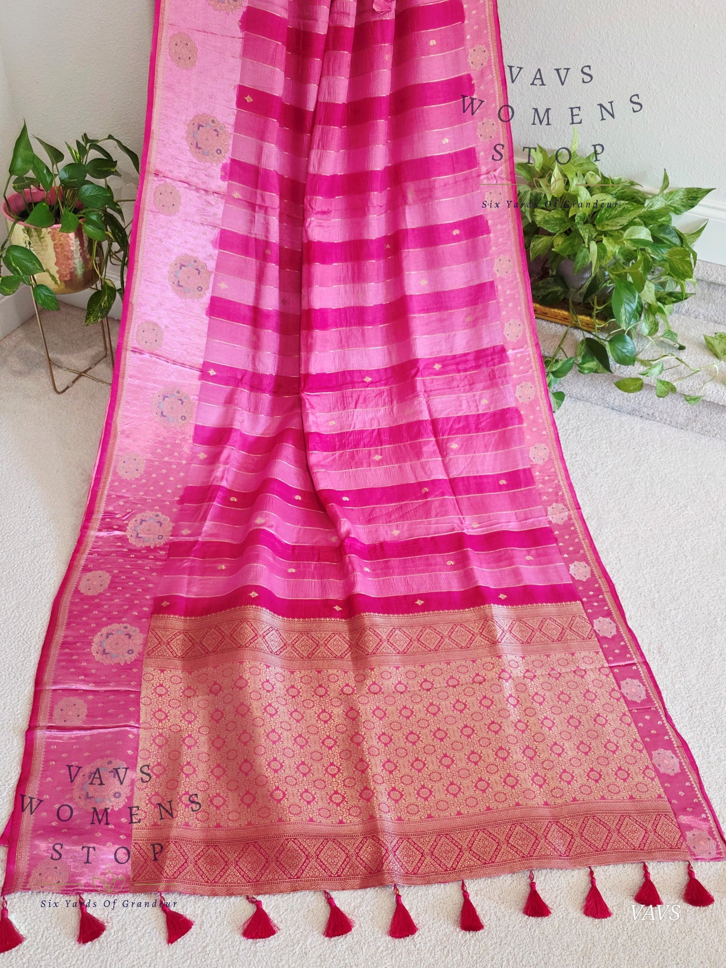 Pink Munga Banarasi Silk Saree with Stripes & Satin Border with Stitched Blouse