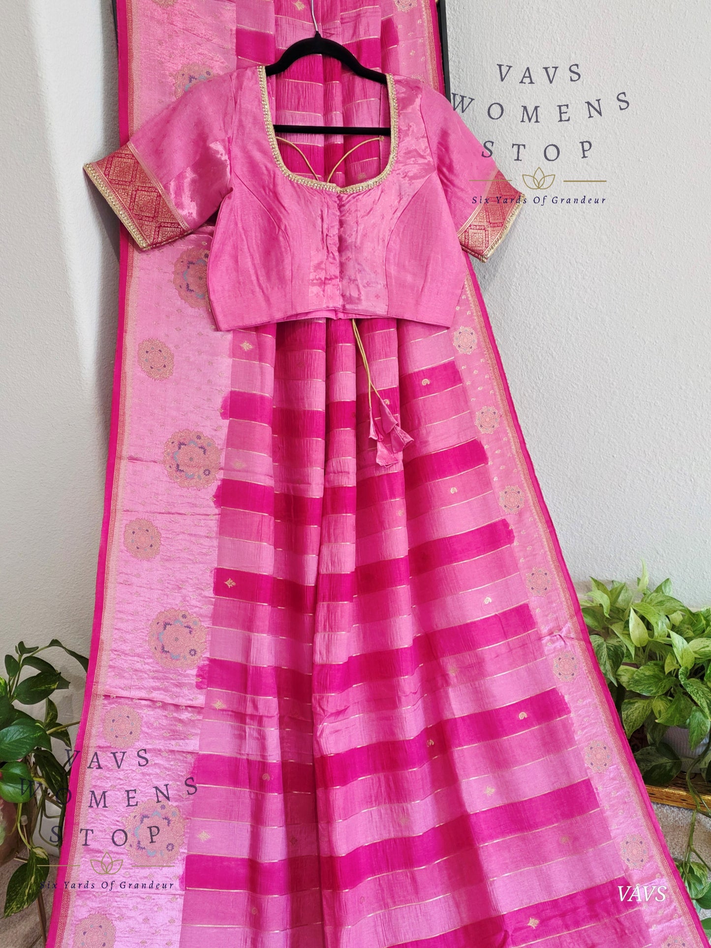 Pink Munga Banarasi Silk Saree with Stripes & Satin Border with Stitched Blouse