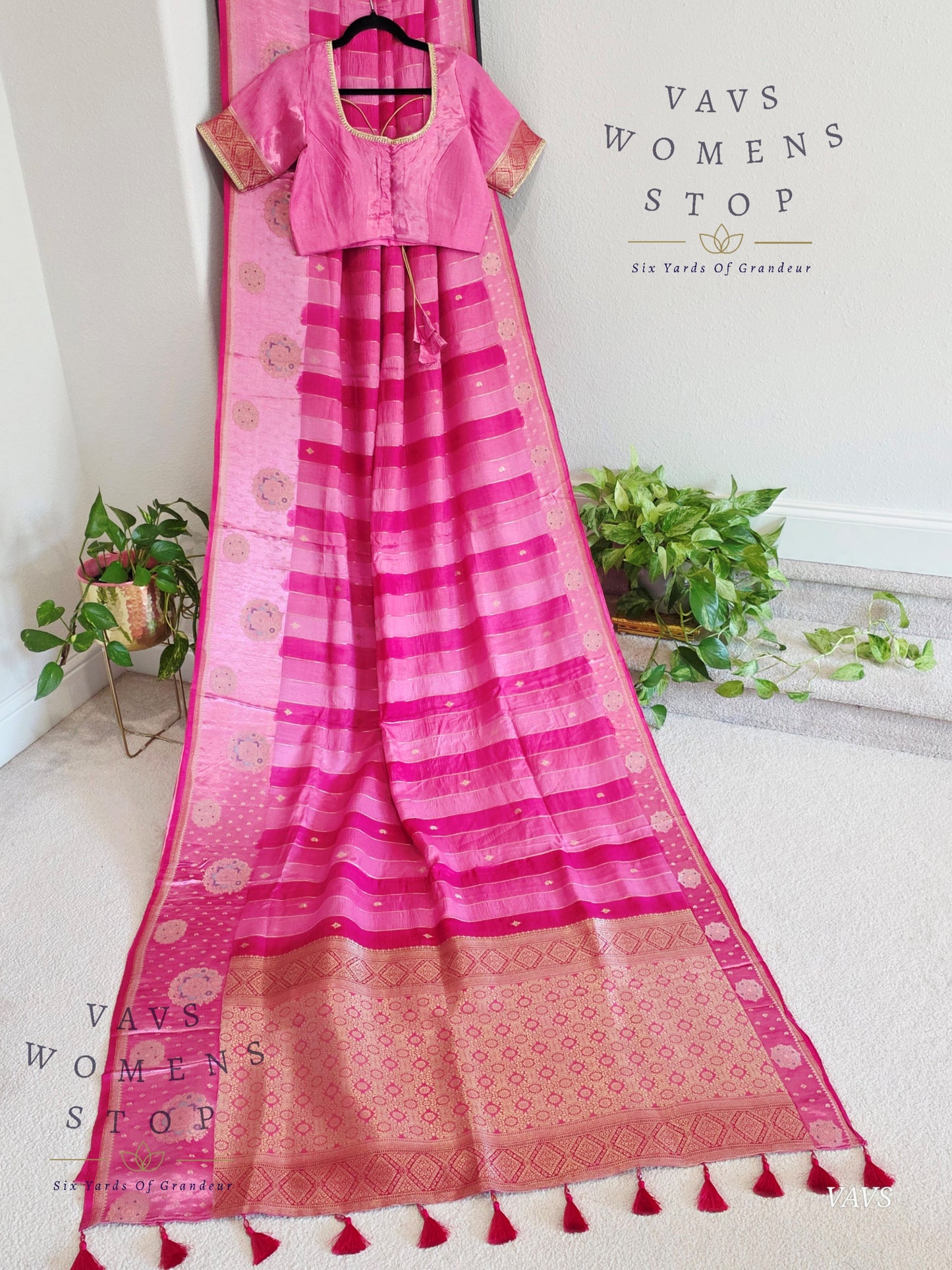 Pink Munga Banarasi Silk Saree with Stripes & Satin Border with Stitched Blouse