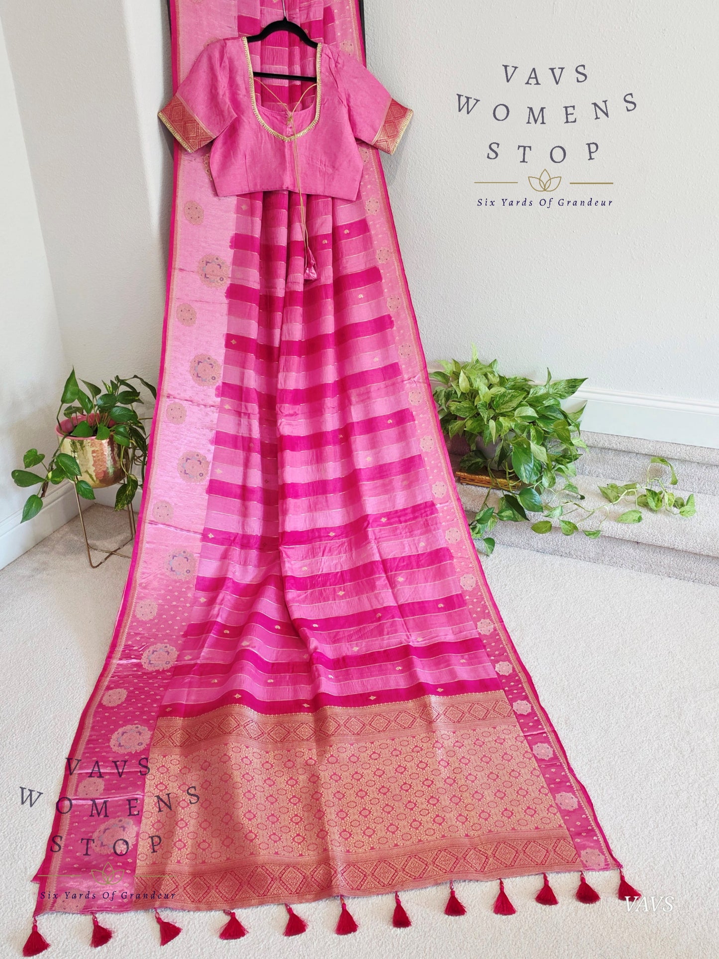 Pink Munga Banarasi Silk Saree with Stripes & Satin Border with Stitched Blouse